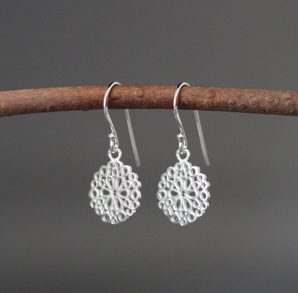 Sterling Silver Round Filigree Flower Charm Dangle Earrings