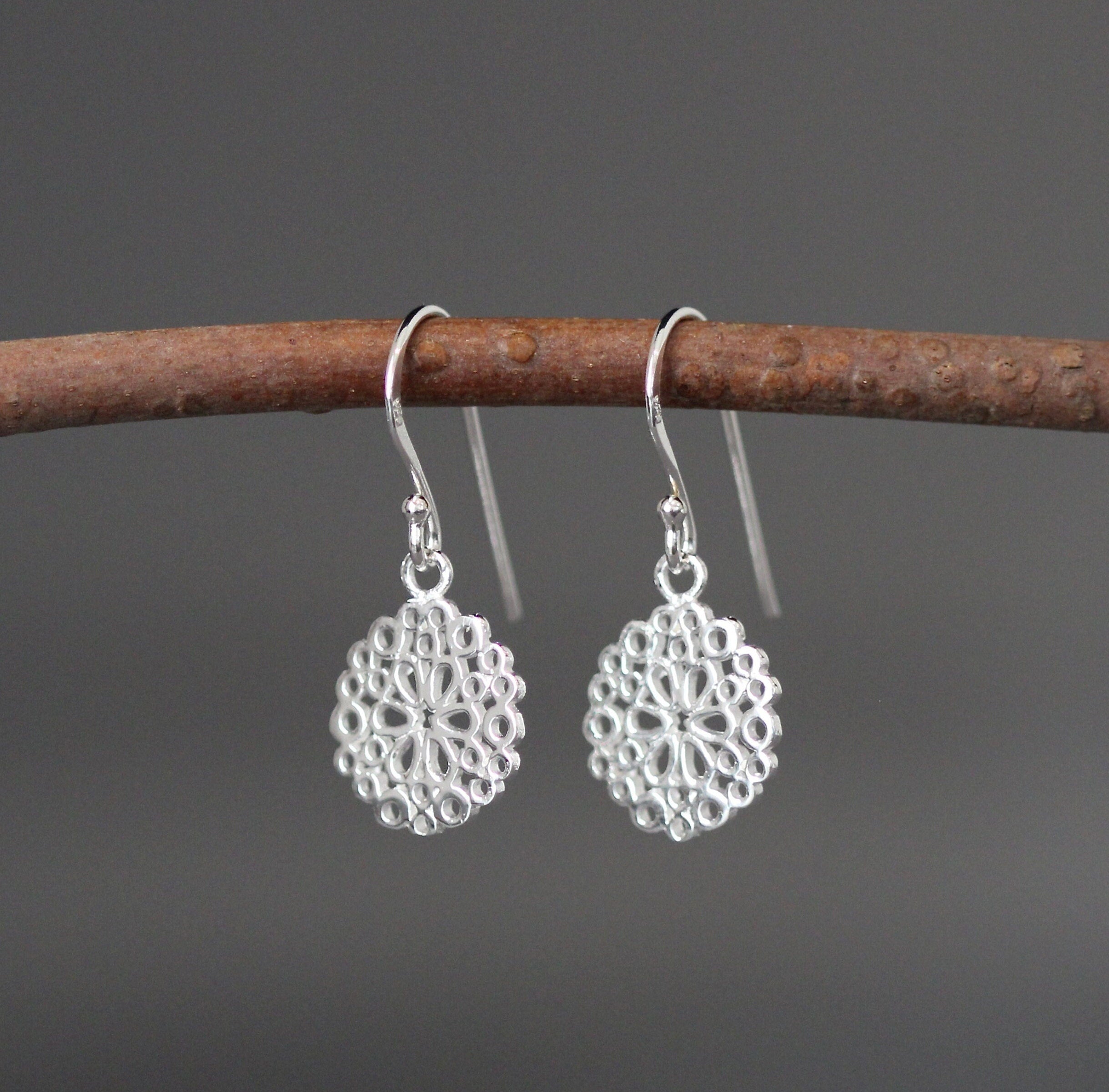 Sterling Silver Round Filigree Flower Charm Dangle Earrings