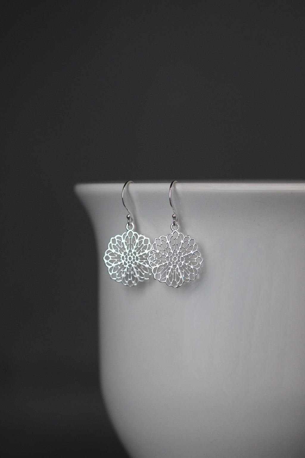 Silver Filigree Flower Charm Dangle Earrings