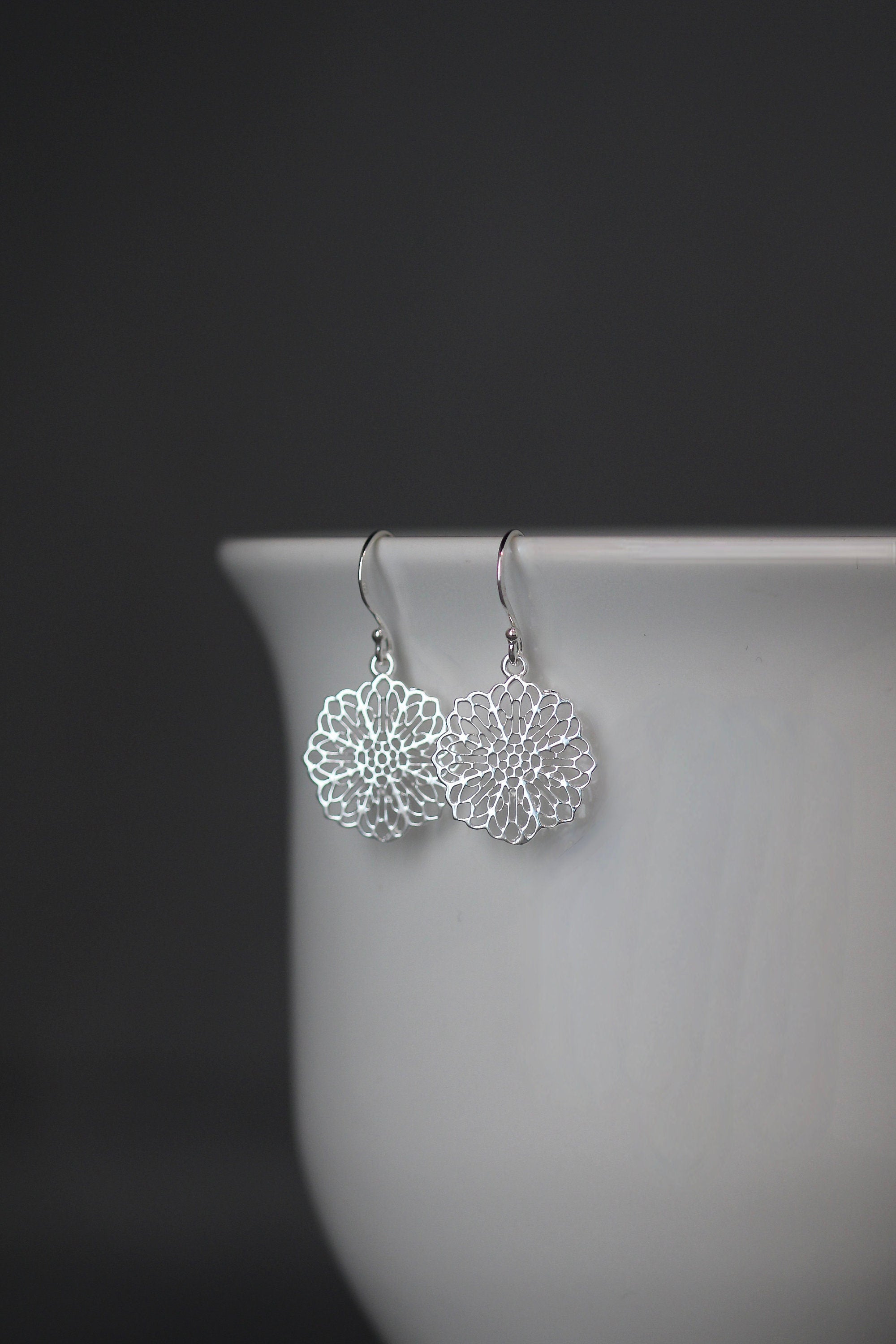 Silver Filigree Flower Charm Dangle Earrings