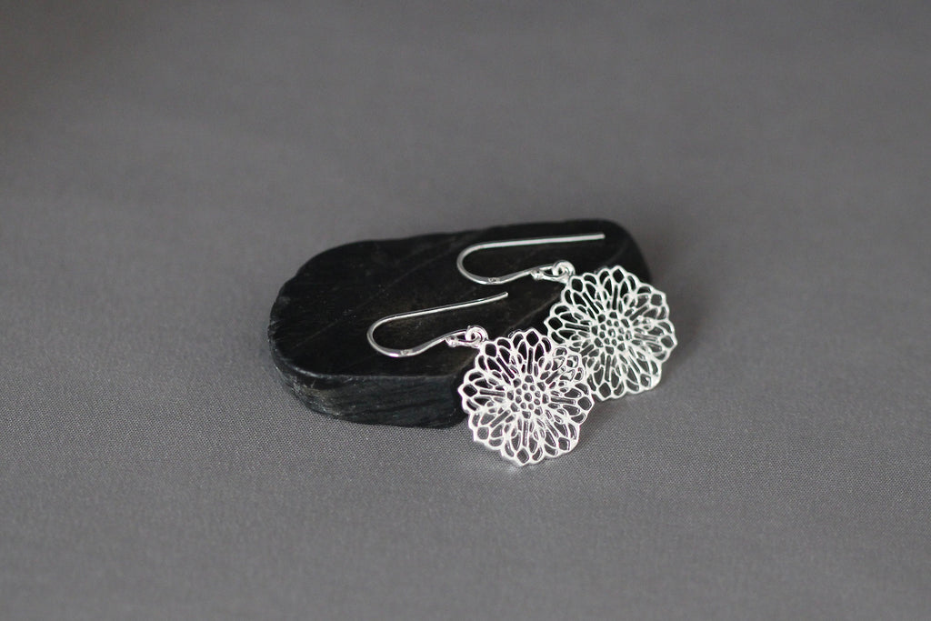 Silver Filigree Flower Charm Dangle Earrings