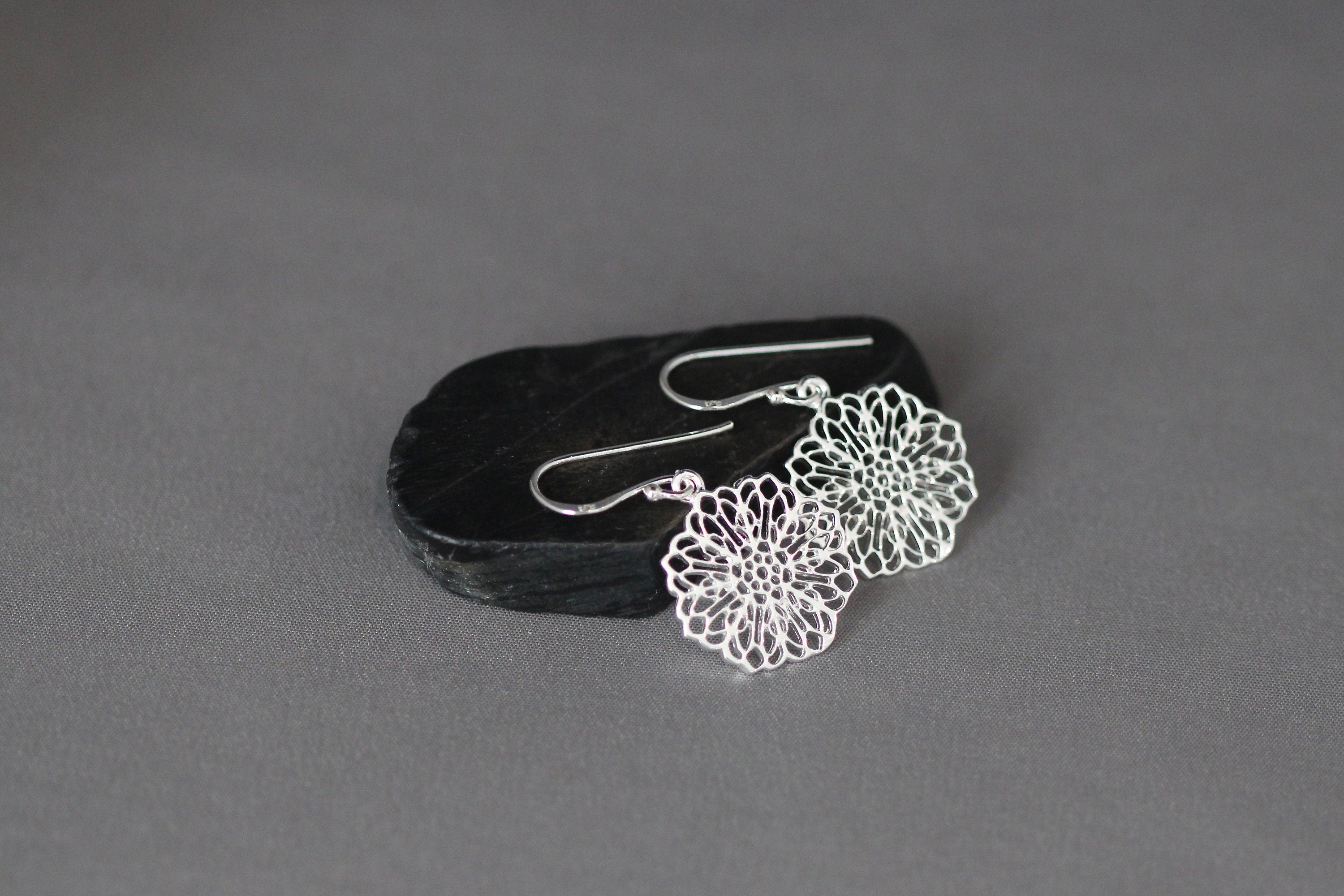 Silver Filigree Flower Charm Dangle Earrings