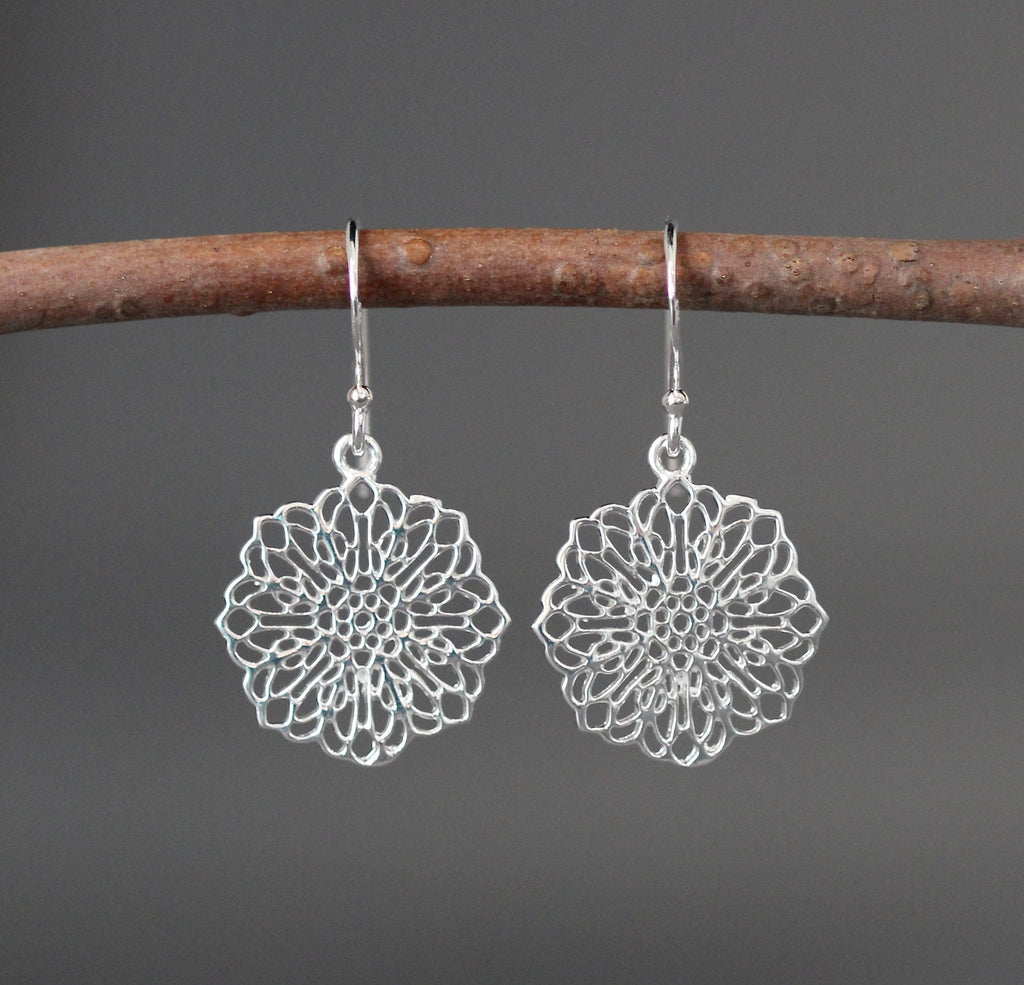 Silver Filigree Flower Charm Dangle Earrings