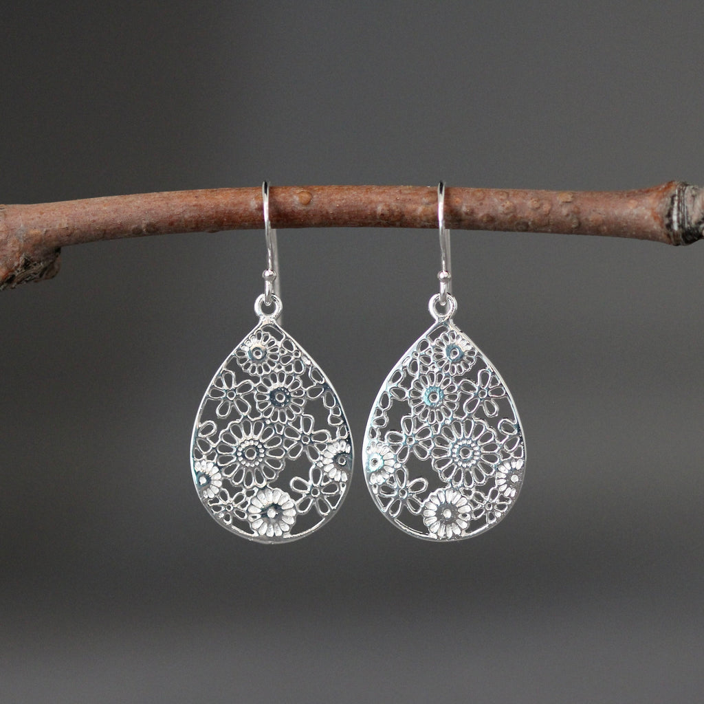 Sterling Silver Filigree Flower Teardrop Dangle Earrings