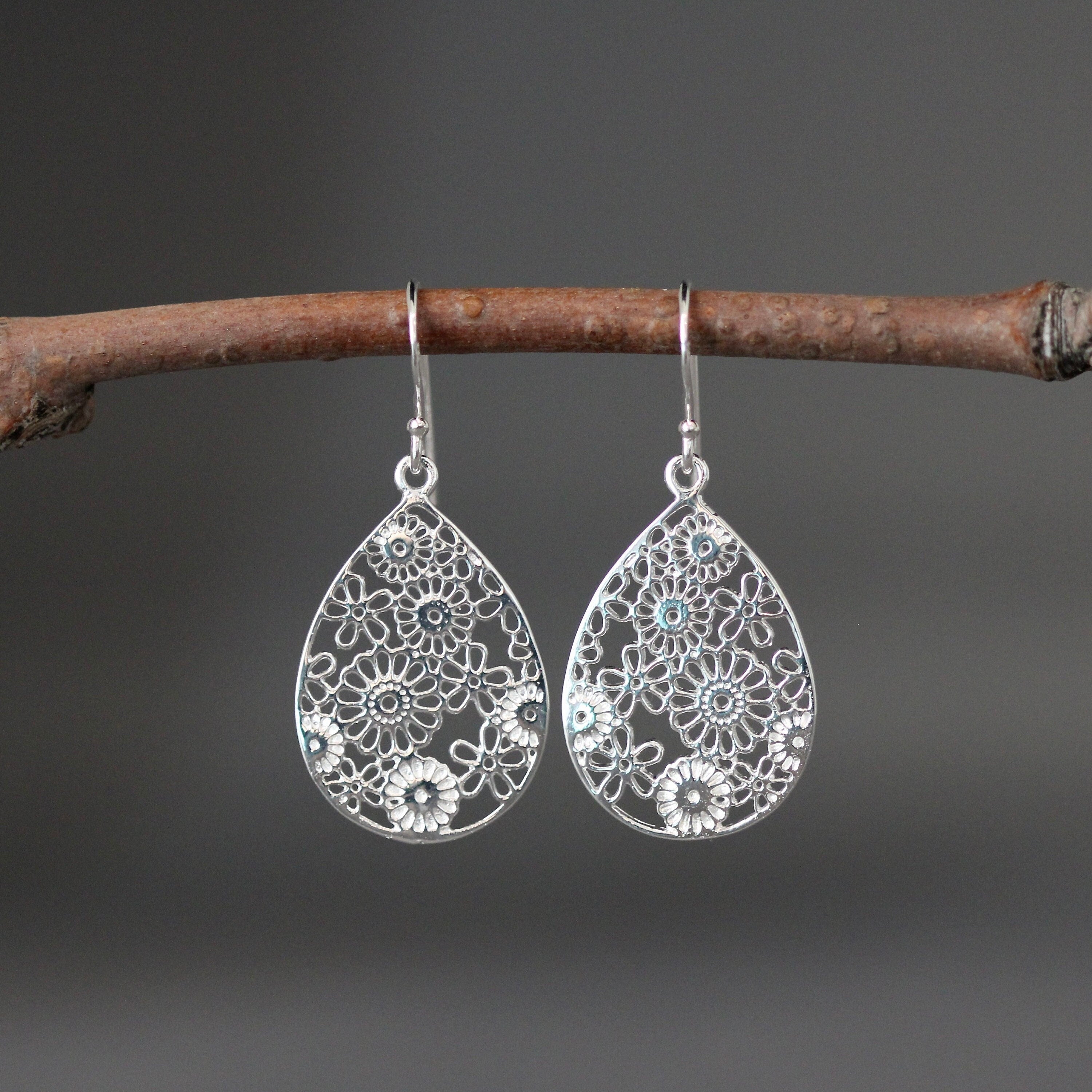 Sterling Silver Filigree Flower Teardrop Dangle Earrings