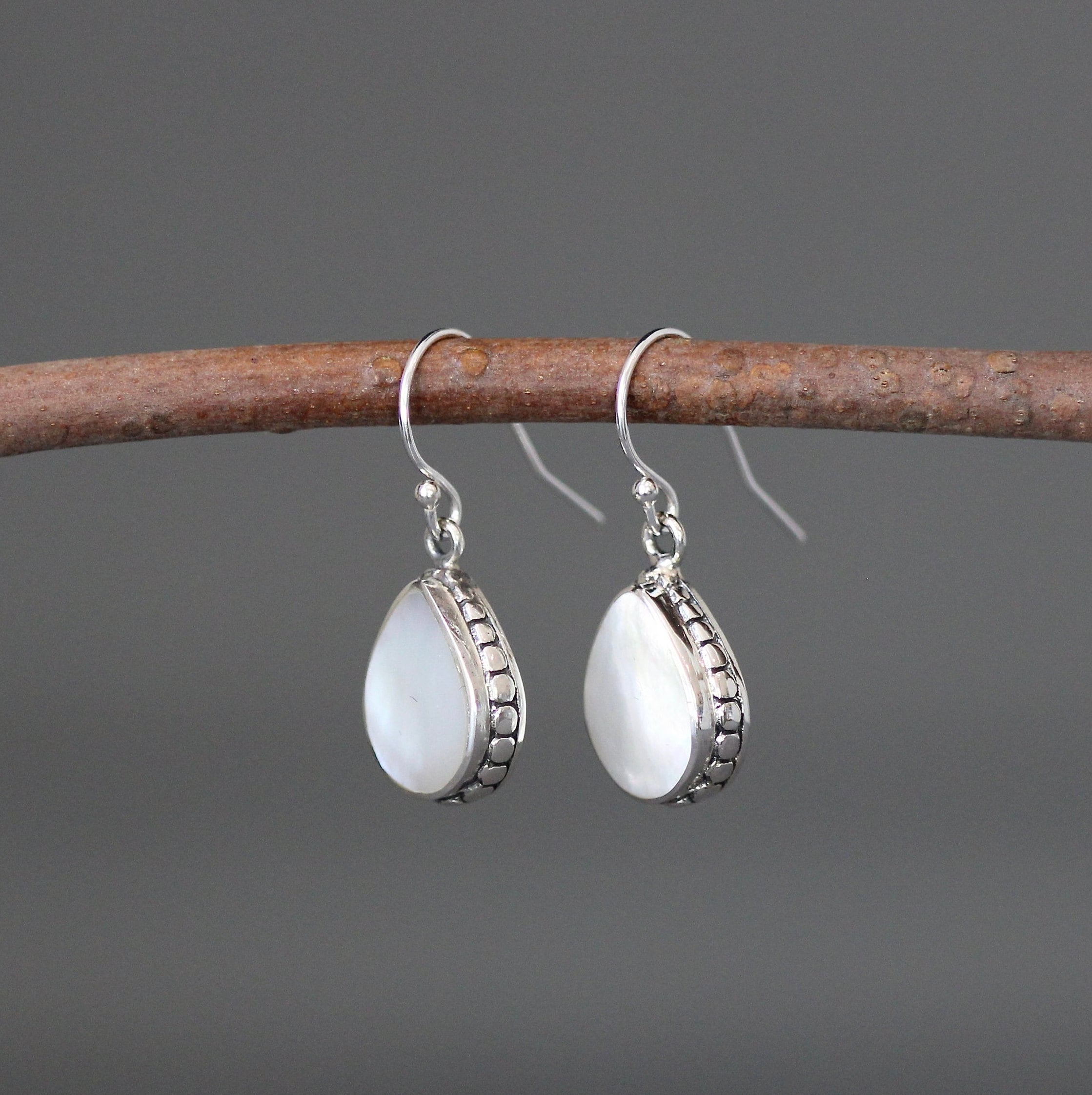 Mother of Pearl Teardrop Earrings in Bali Sterling Silver Bezel Settings