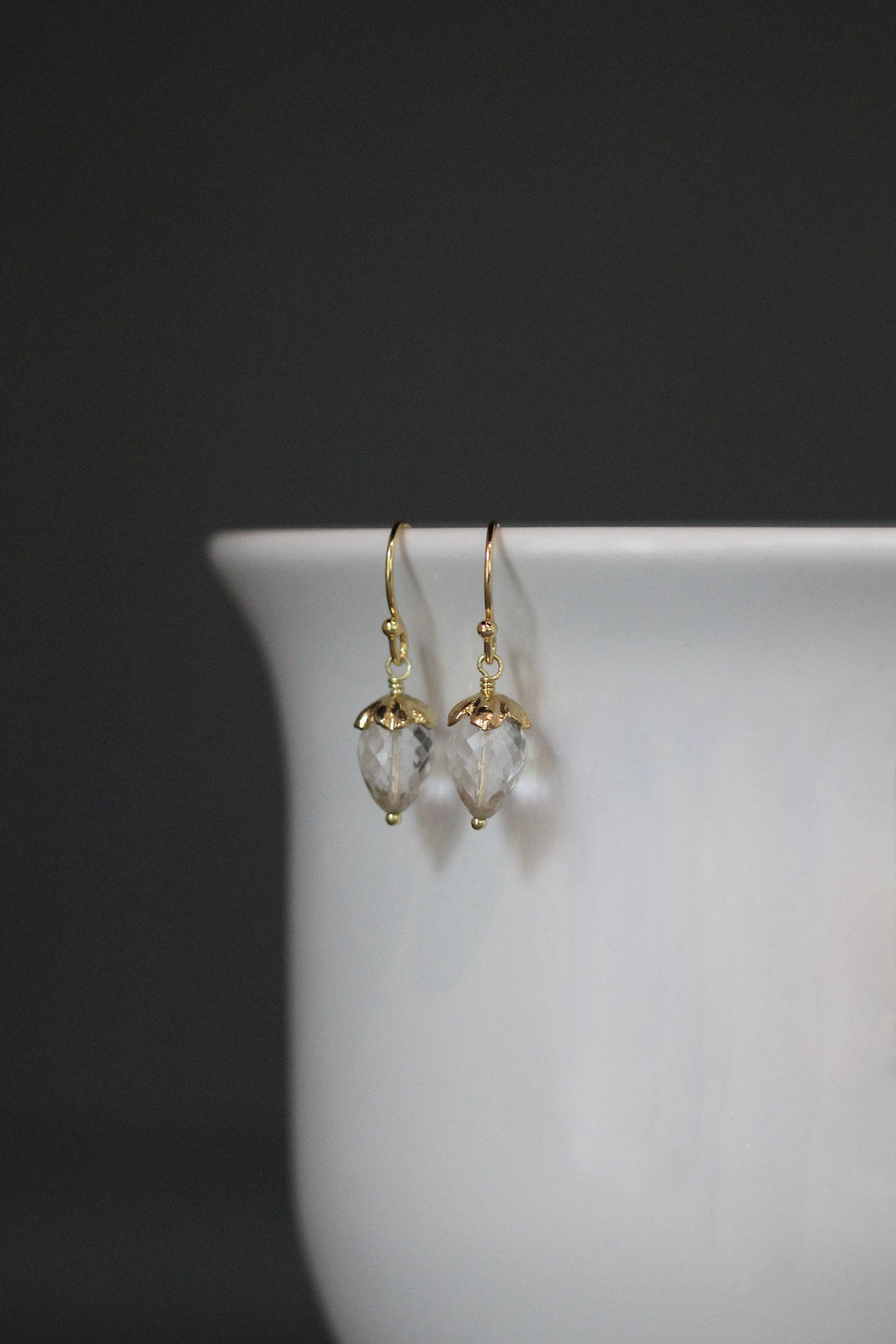 Clear Quartz Crystal Acorn Drop Earrings in Gold Vermeil