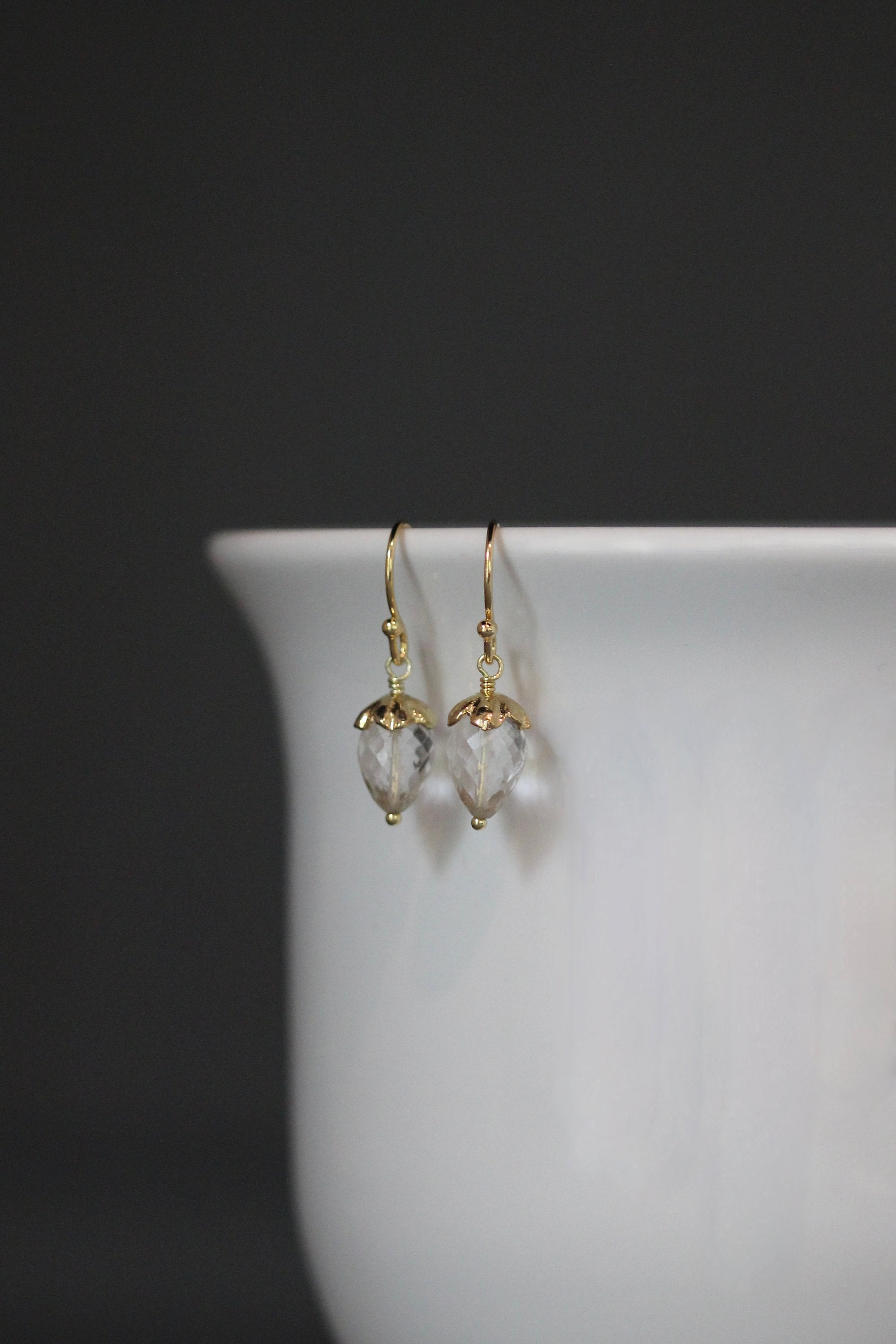 Clear Quartz Crystal Acorn Drop Earrings in Gold Vermeil