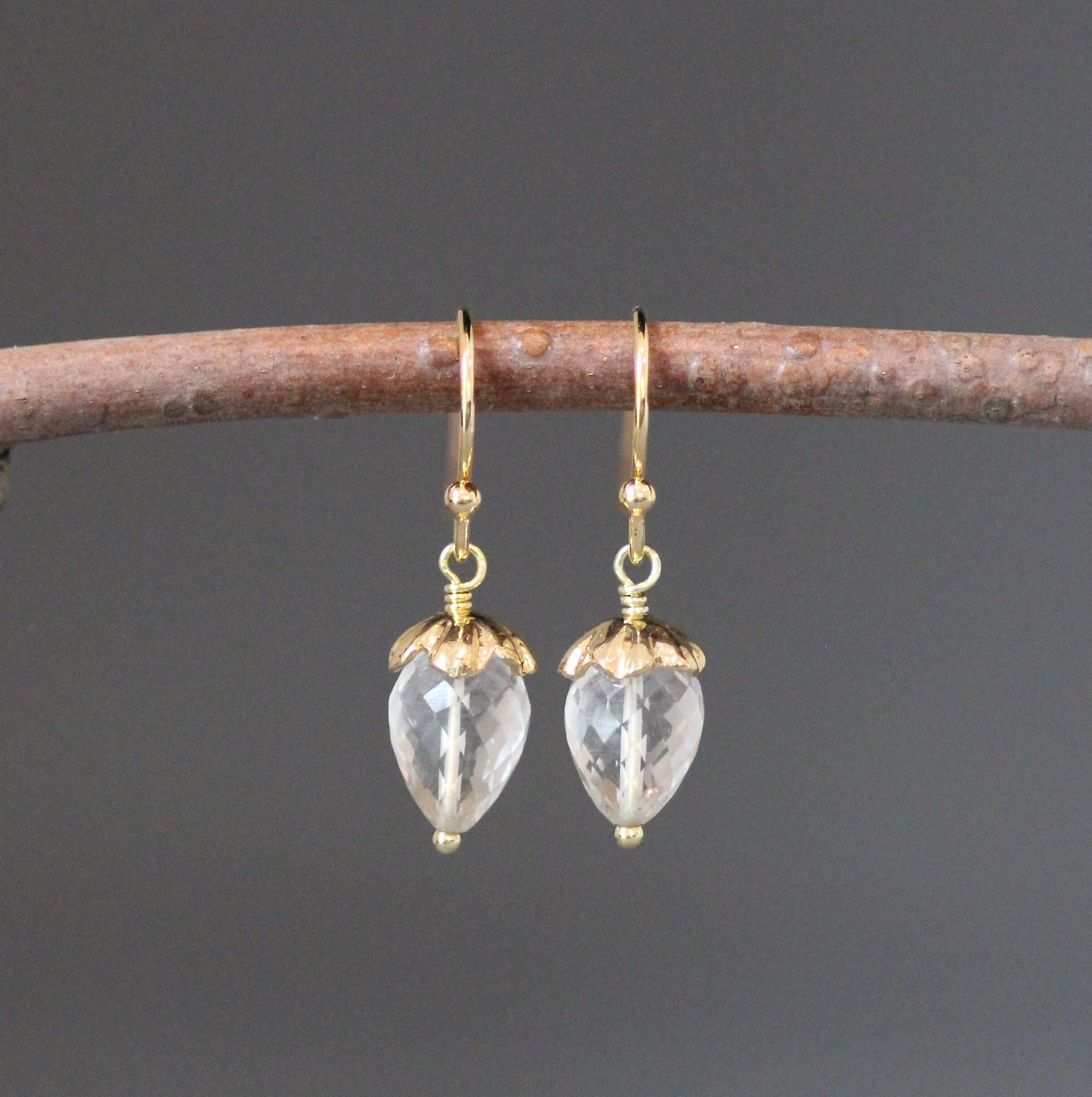 Clear Quartz Crystal Acorn Drop Earrings in Gold Vermeil