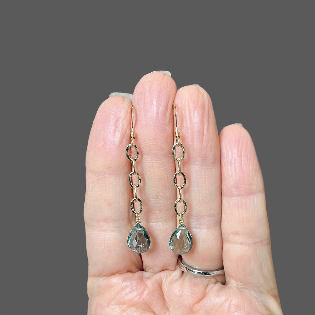 Teal Blue Topaz Quartz Teardrop Earrings on Hammered Gold Filled Links