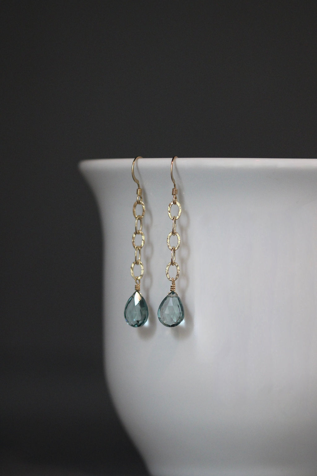 Teal Blue Topaz Quartz Teardrop Earrings on Hammered Gold Filled Links