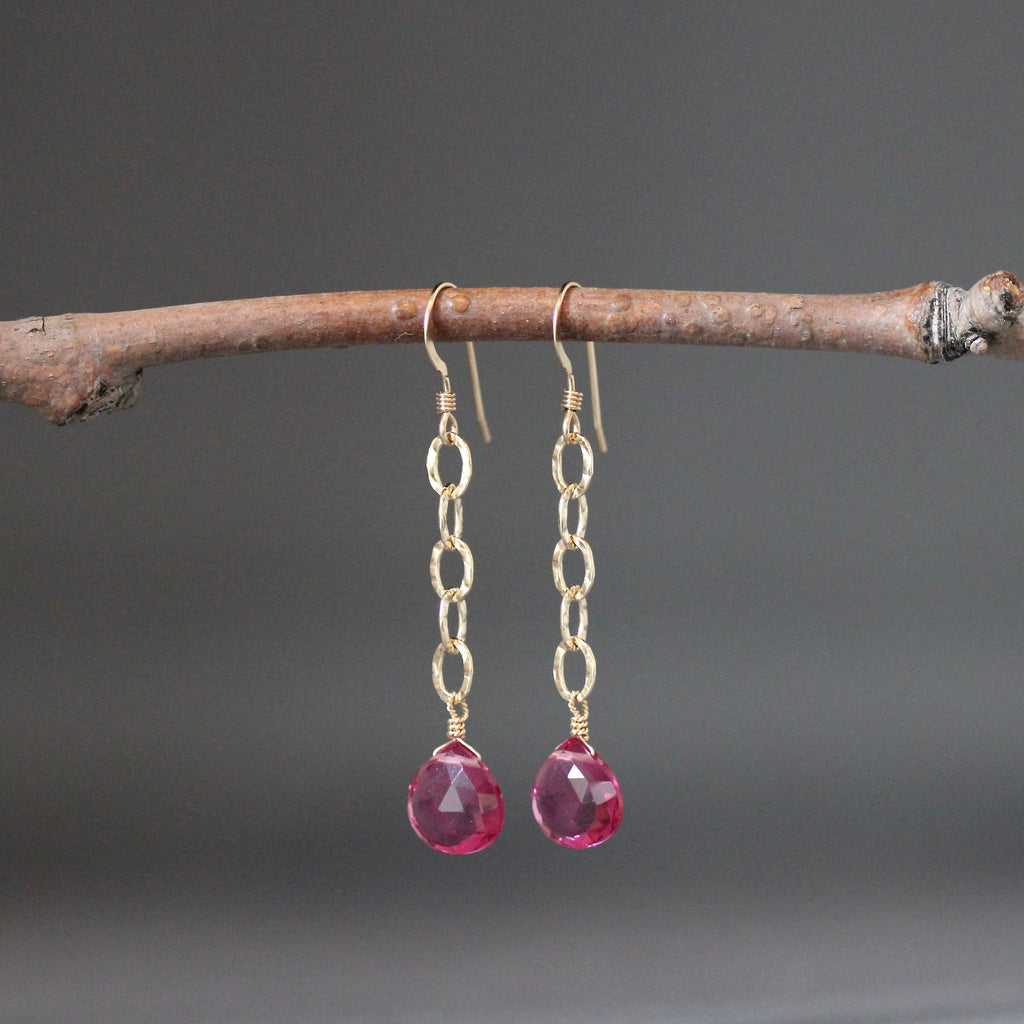 Fuchsia Quartz Teardrop Dangle Earrings on Hammered Gold Filled Links