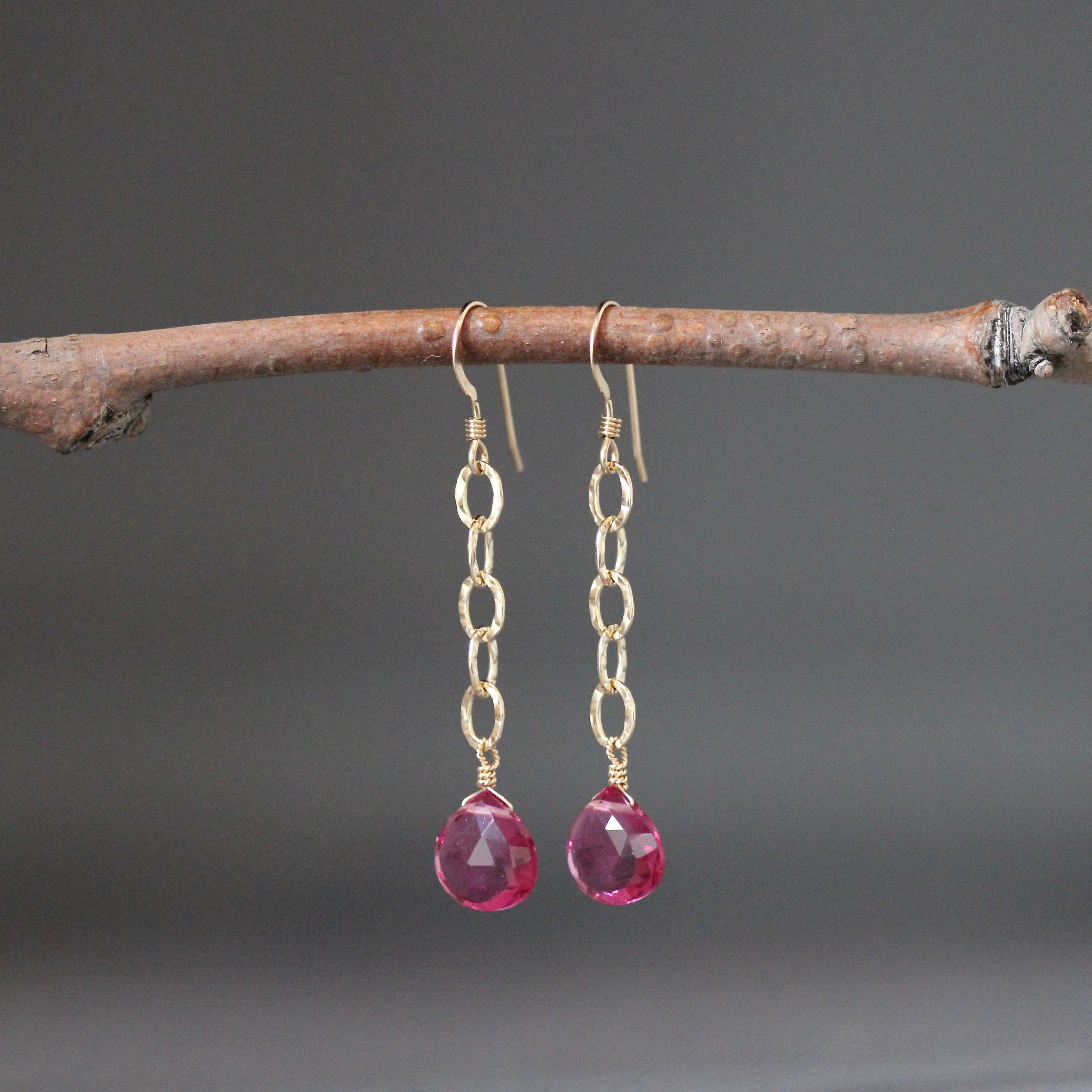 Fuchsia Quartz Teardrop Dangle Earrings on Hammered Gold Filled Links