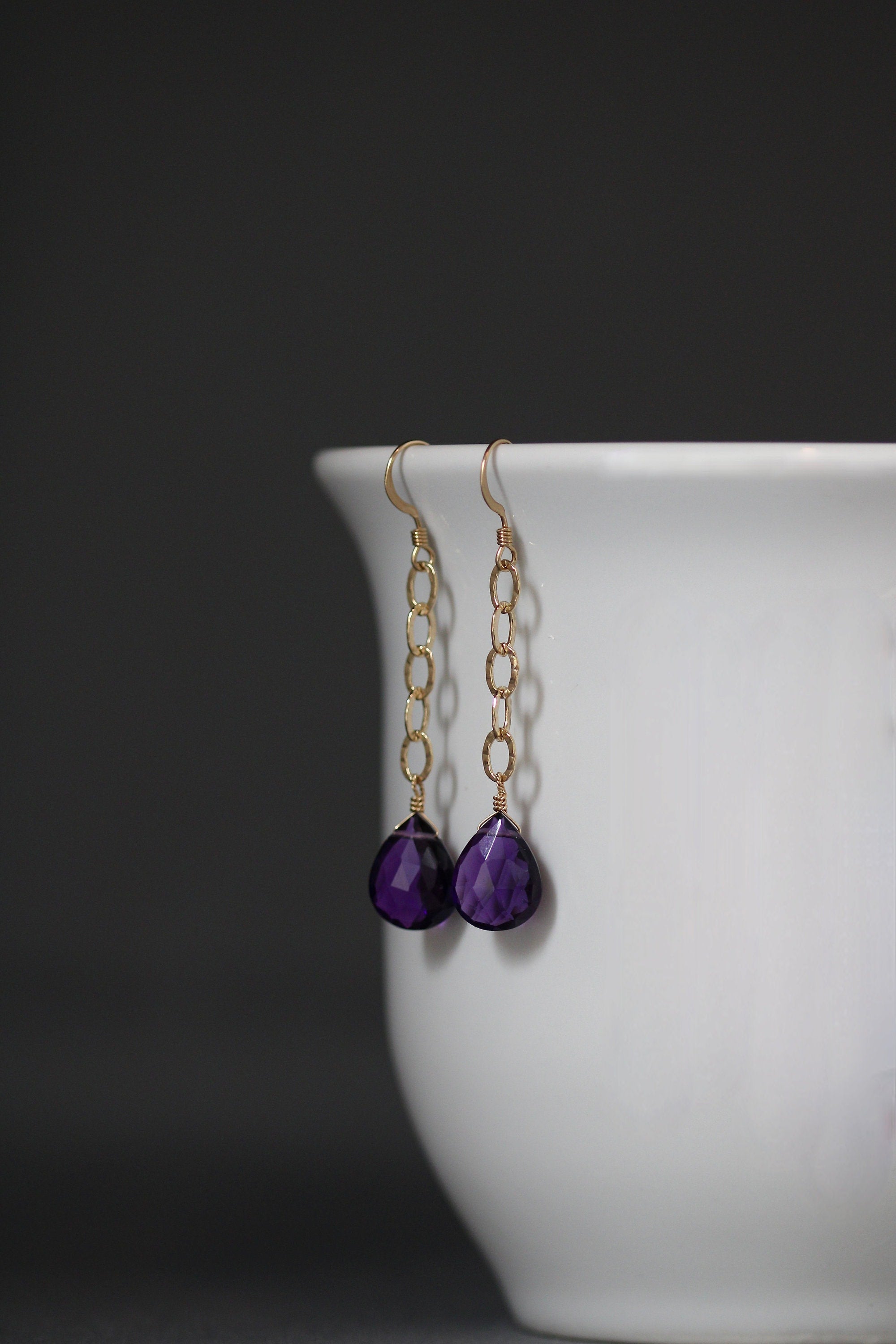 Amethyst Quartz Teardrop Earrings on Gold Filled Hammered Links