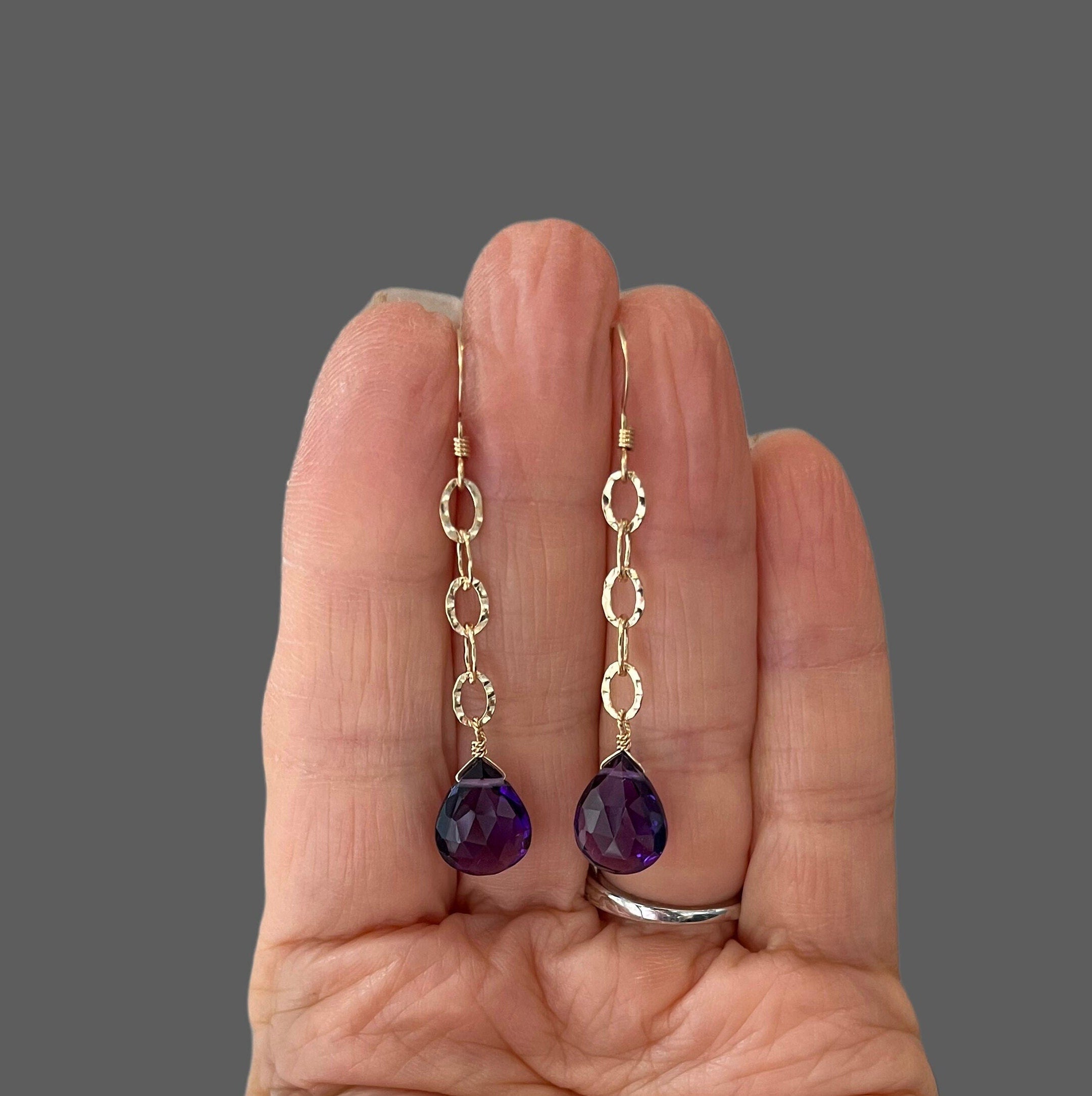 Amethyst Quartz Teardrop Earrings on Gold Filled Hammered Links