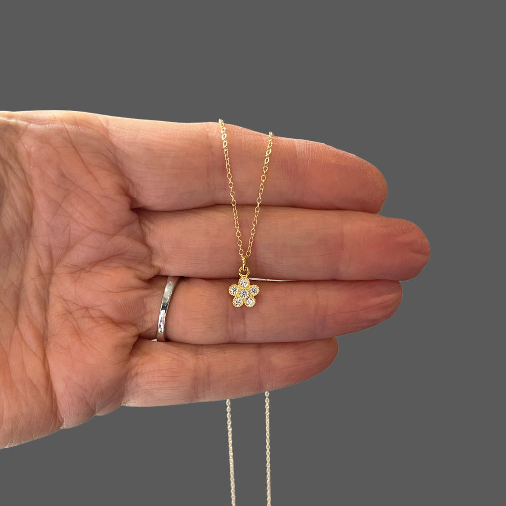Cubic Zirconia Gold Vermeil Flower Pendant Necklace on Gold Filled Chain