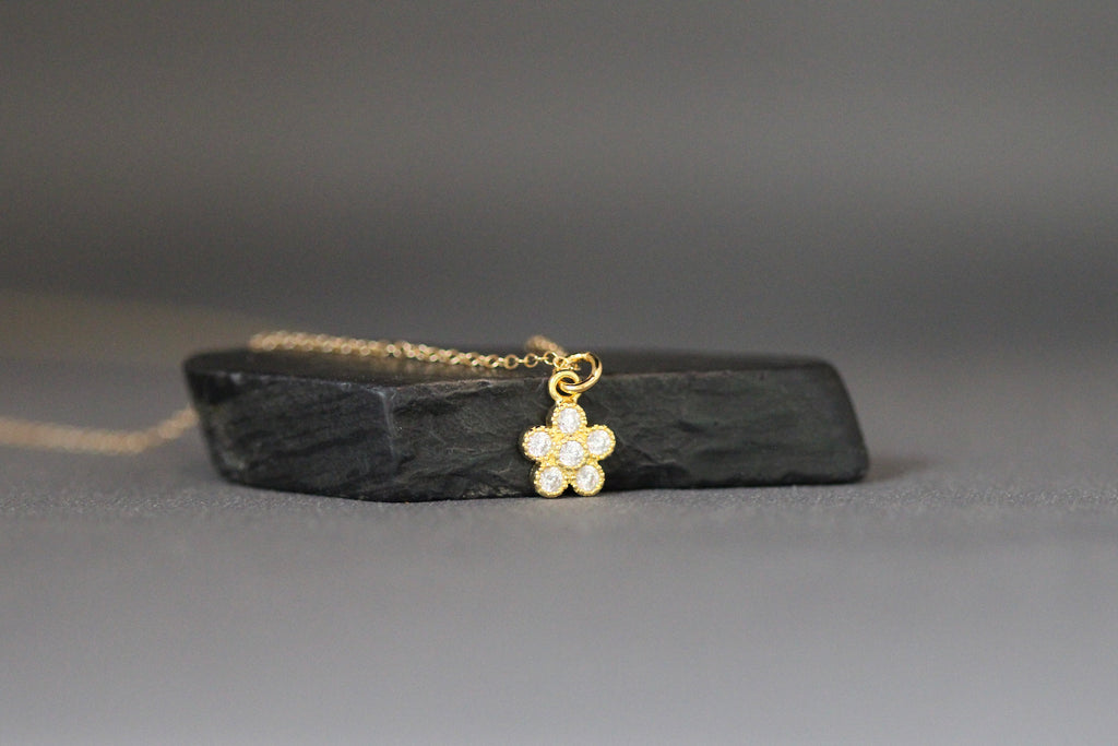 Cubic Zirconia Gold Vermeil Flower Pendant Necklace on Gold Filled Chain