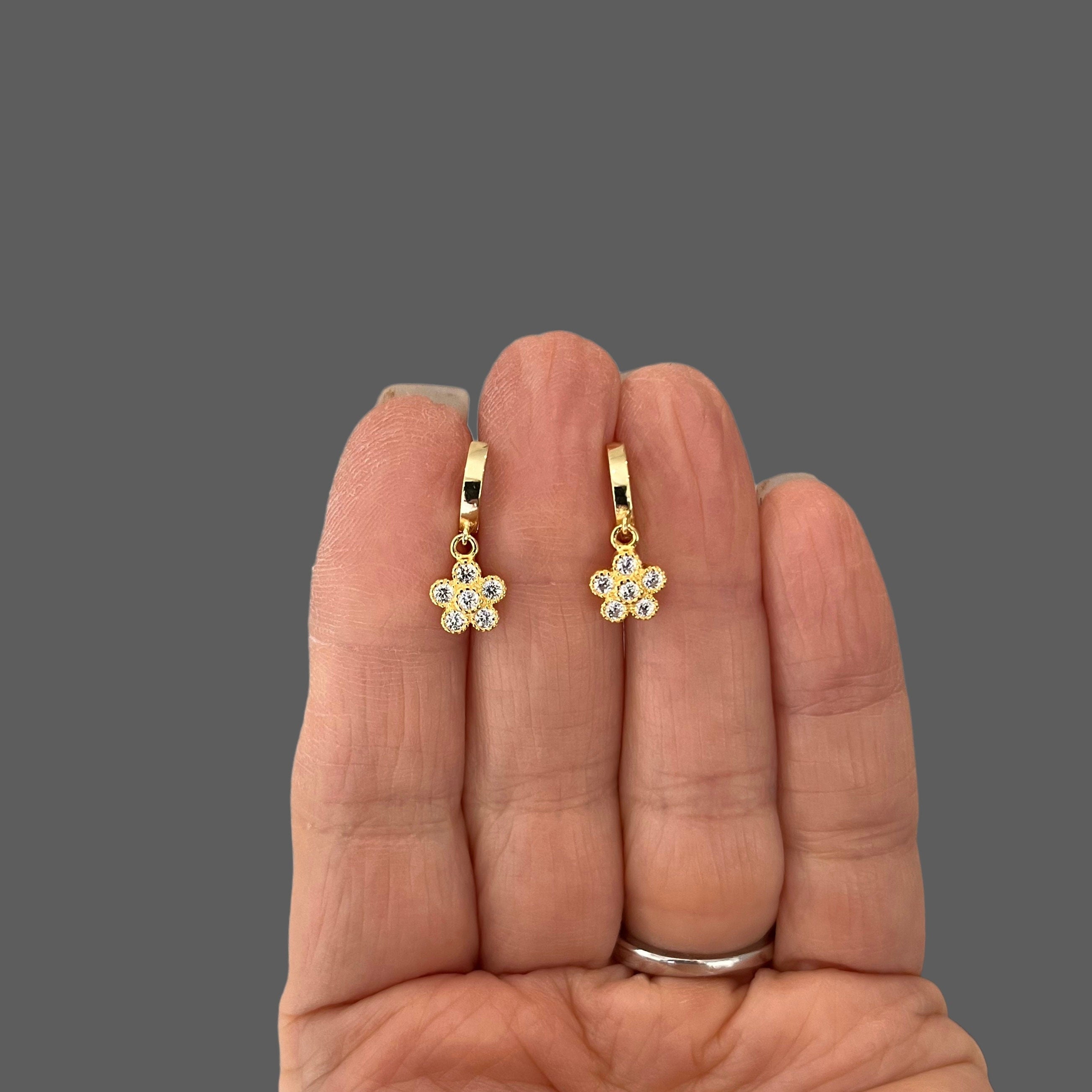 Cubic Zirconia Gold Vermeil Flower Charm Earrings on Huggie Hoops