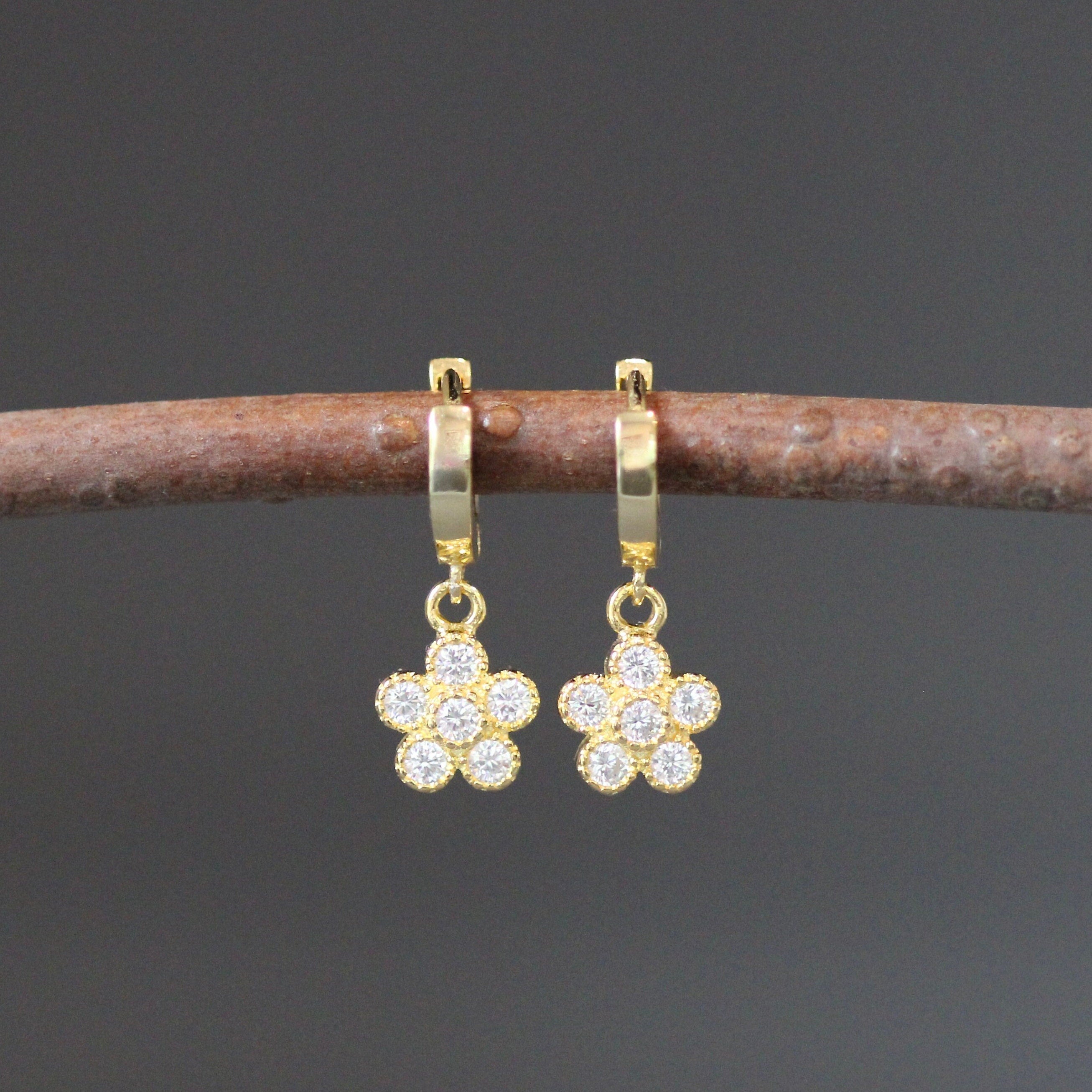 Cubic Zirconia Gold Vermeil Flower Charm Earrings on Huggie Hoops