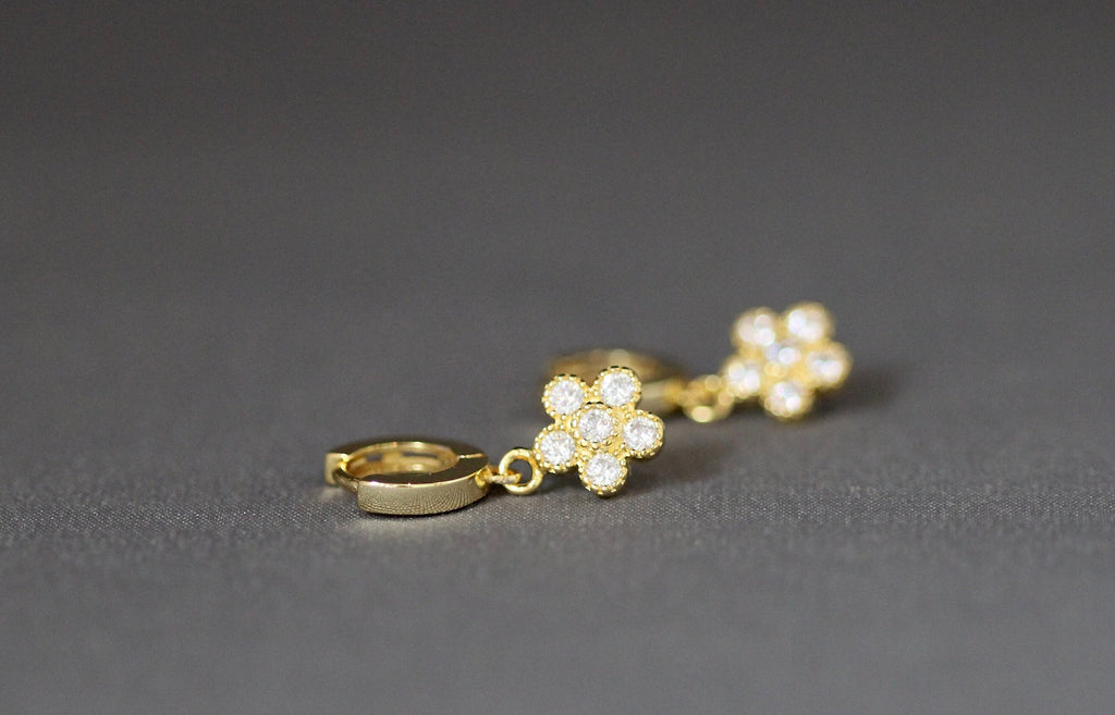 Cubic Zirconia Gold Vermeil Flower Charm Earrings on Huggie Hoops