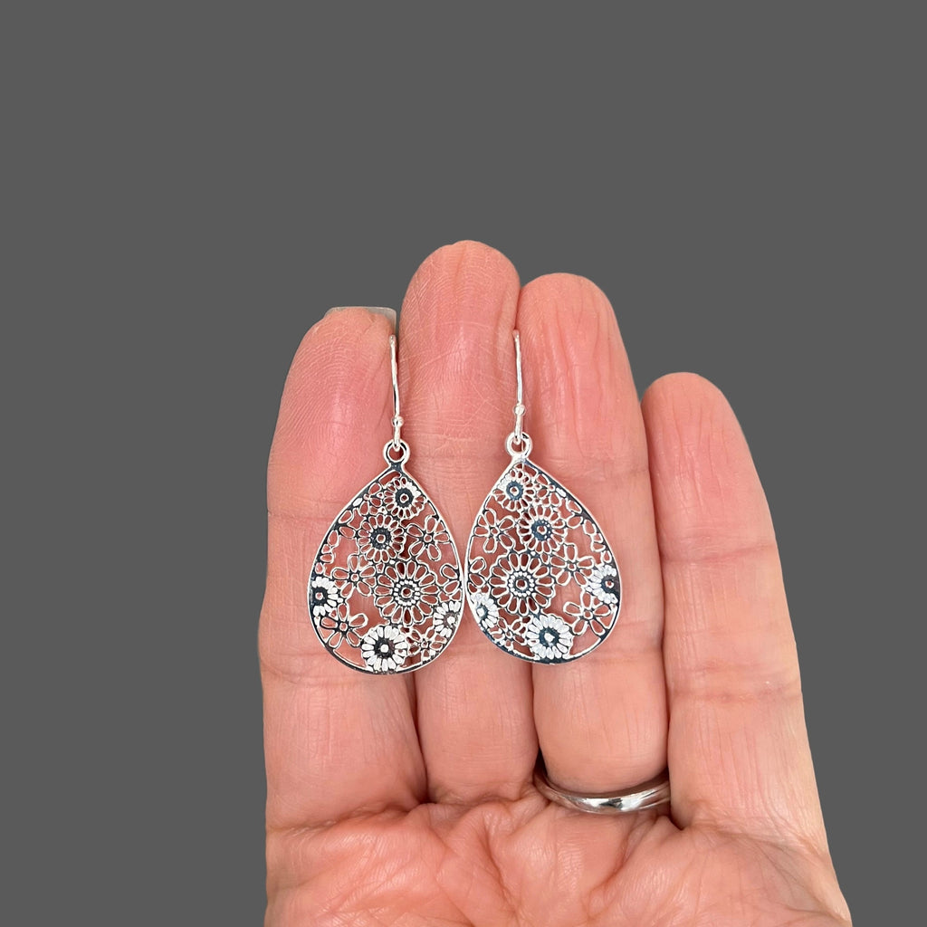 Sterling Silver Filigree Flower Teardrop Dangle Earrings