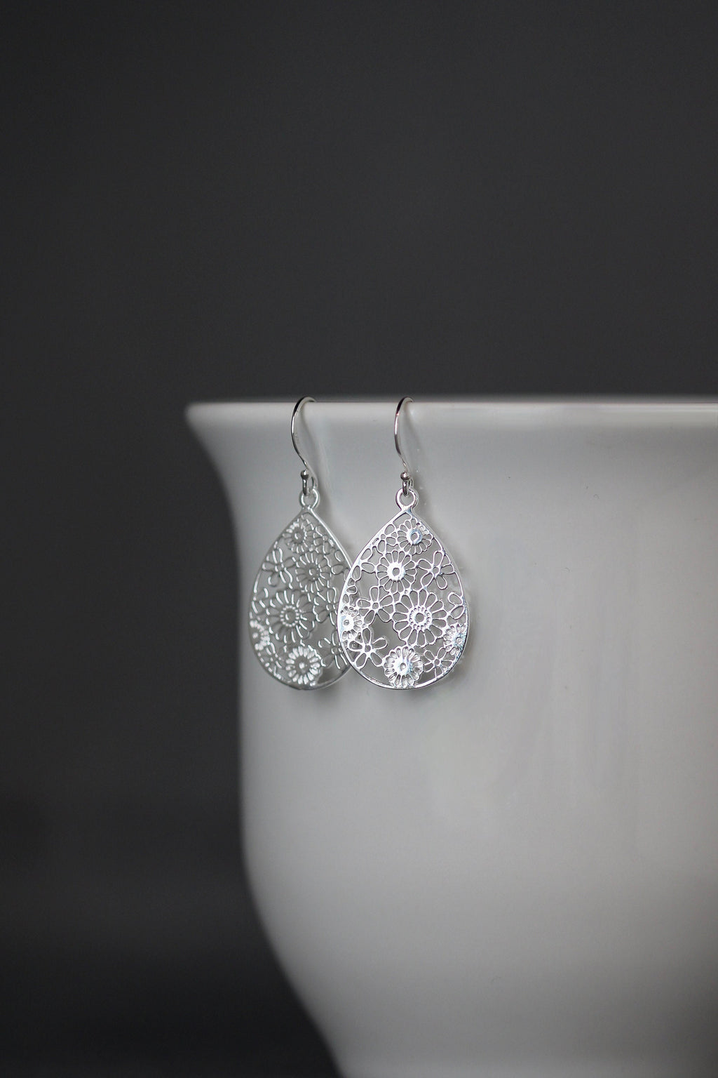 Sterling Silver Filigree Flower Teardrop Dangle Earrings
