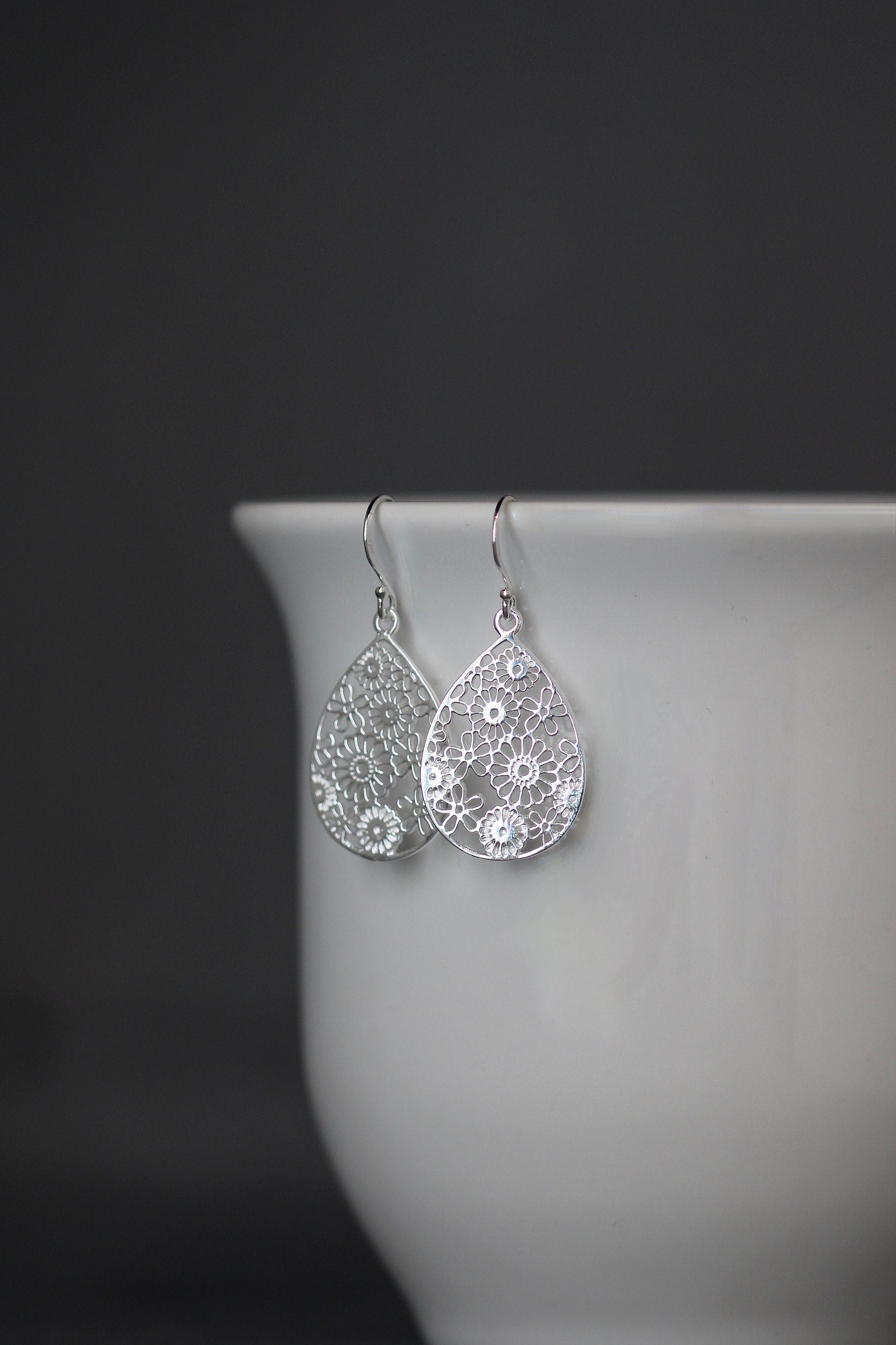 Sterling Silver Filigree Flower Teardrop Dangle Earrings