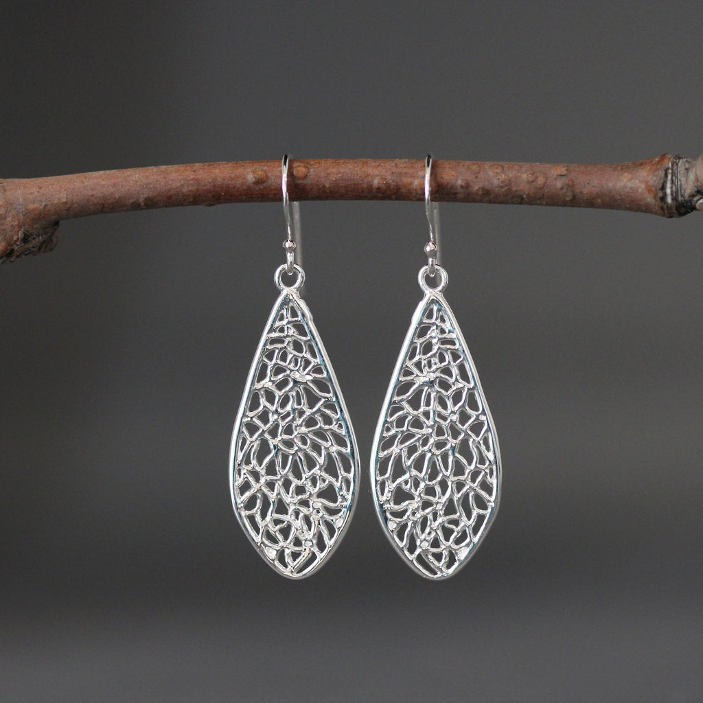 Long Silver Filigree Teardrop Dangle Earrings