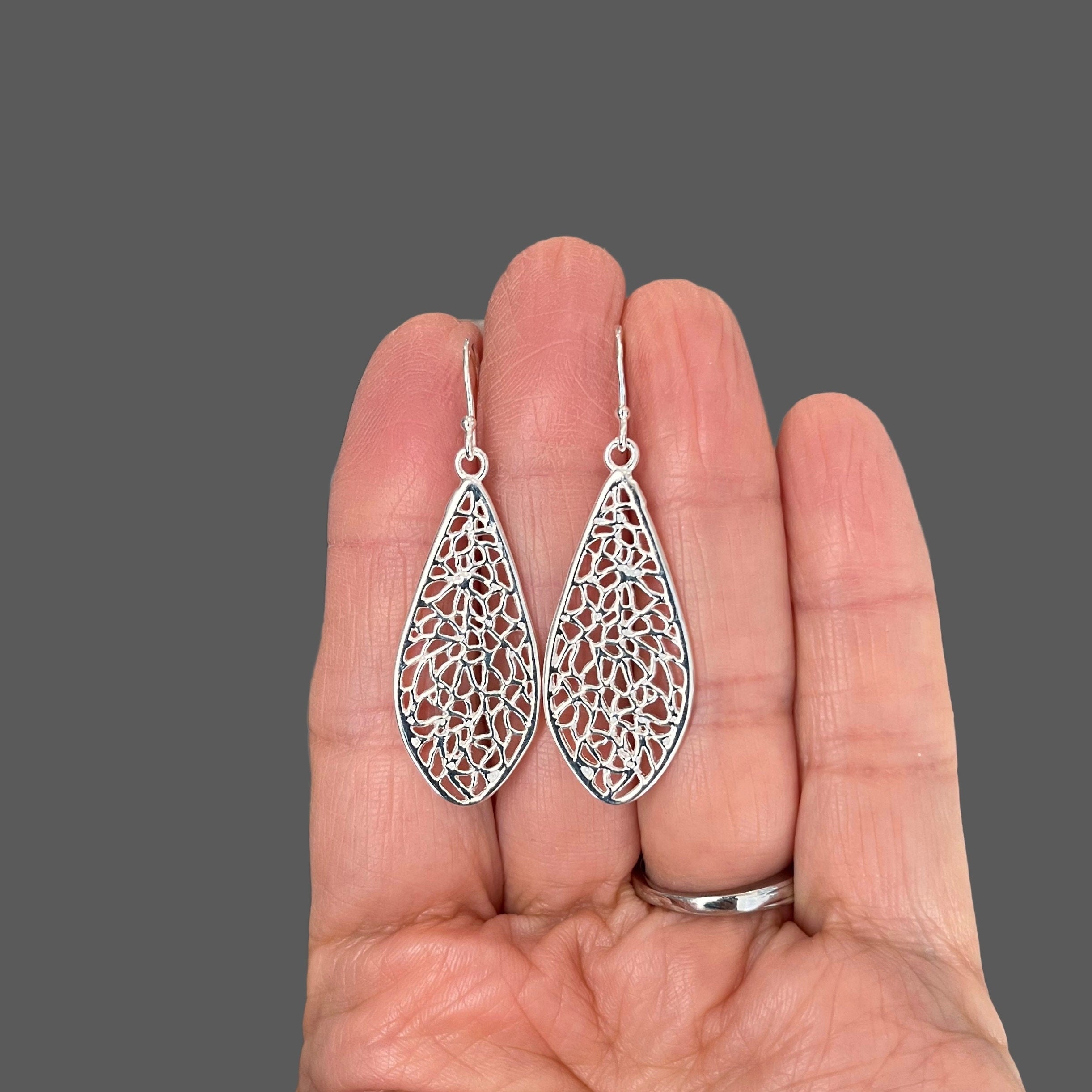 Long Silver Filigree Teardrop Dangle Earrings