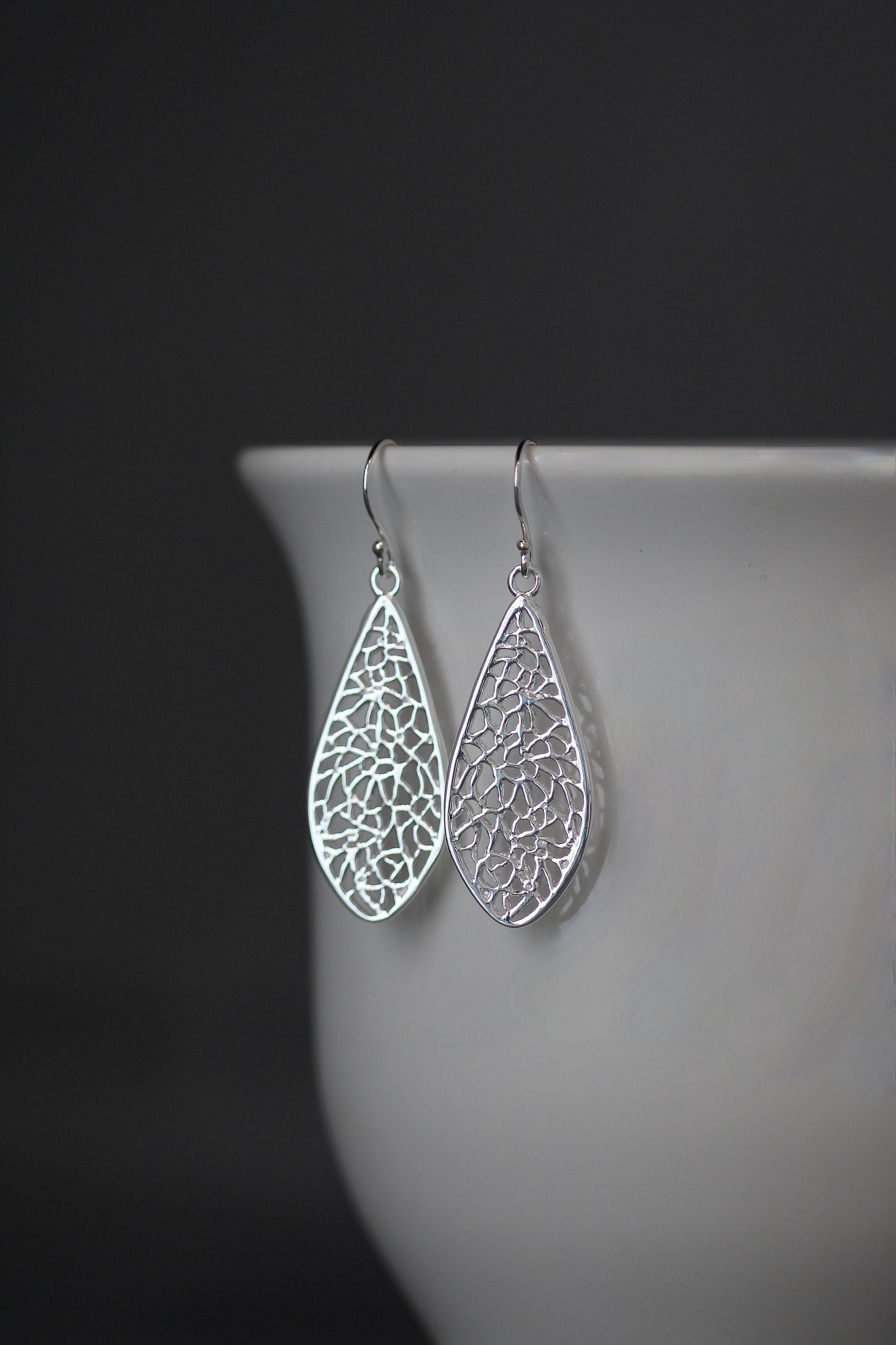 Long Silver Filigree Teardrop Dangle Earrings