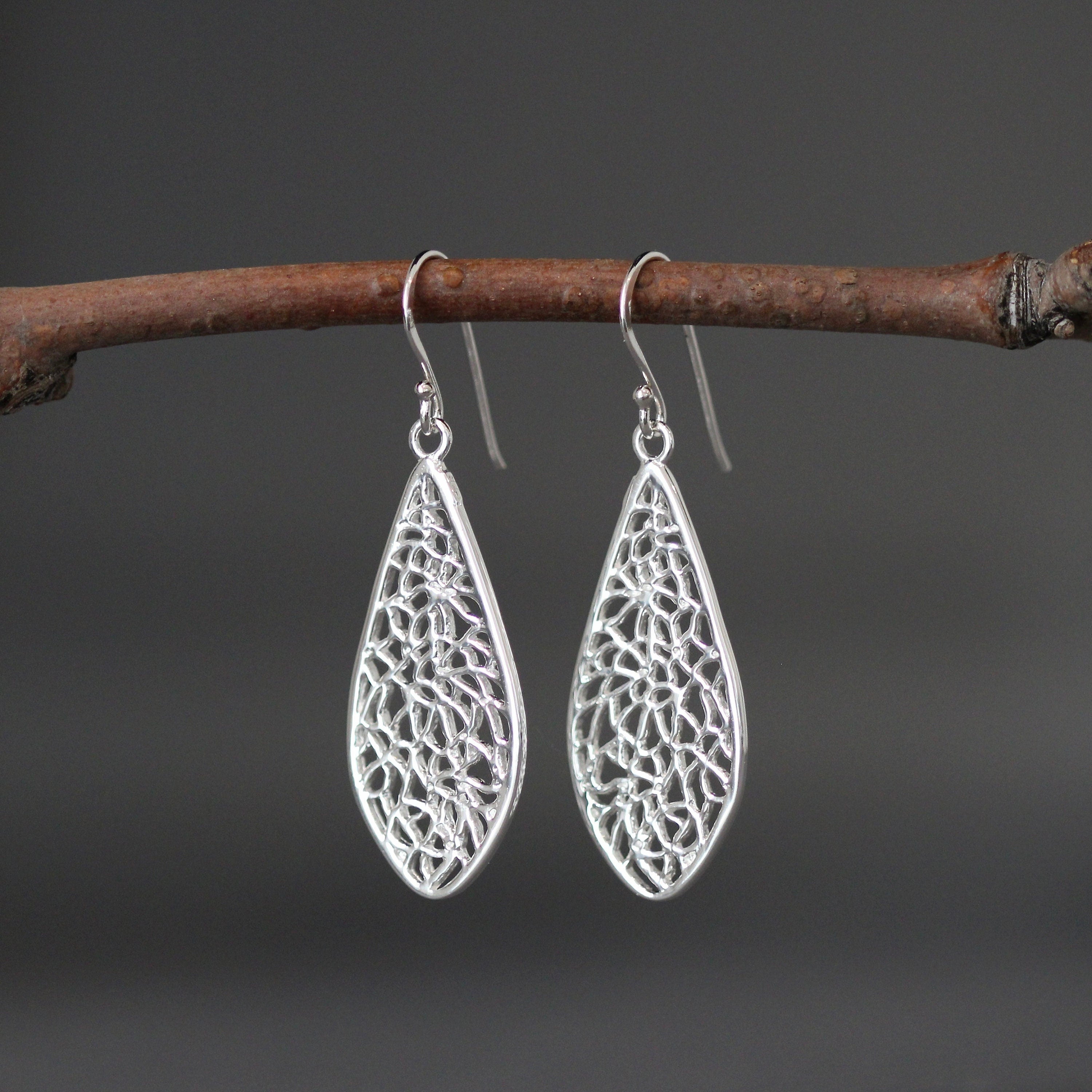 Long Silver Filigree Teardrop Dangle Earrings