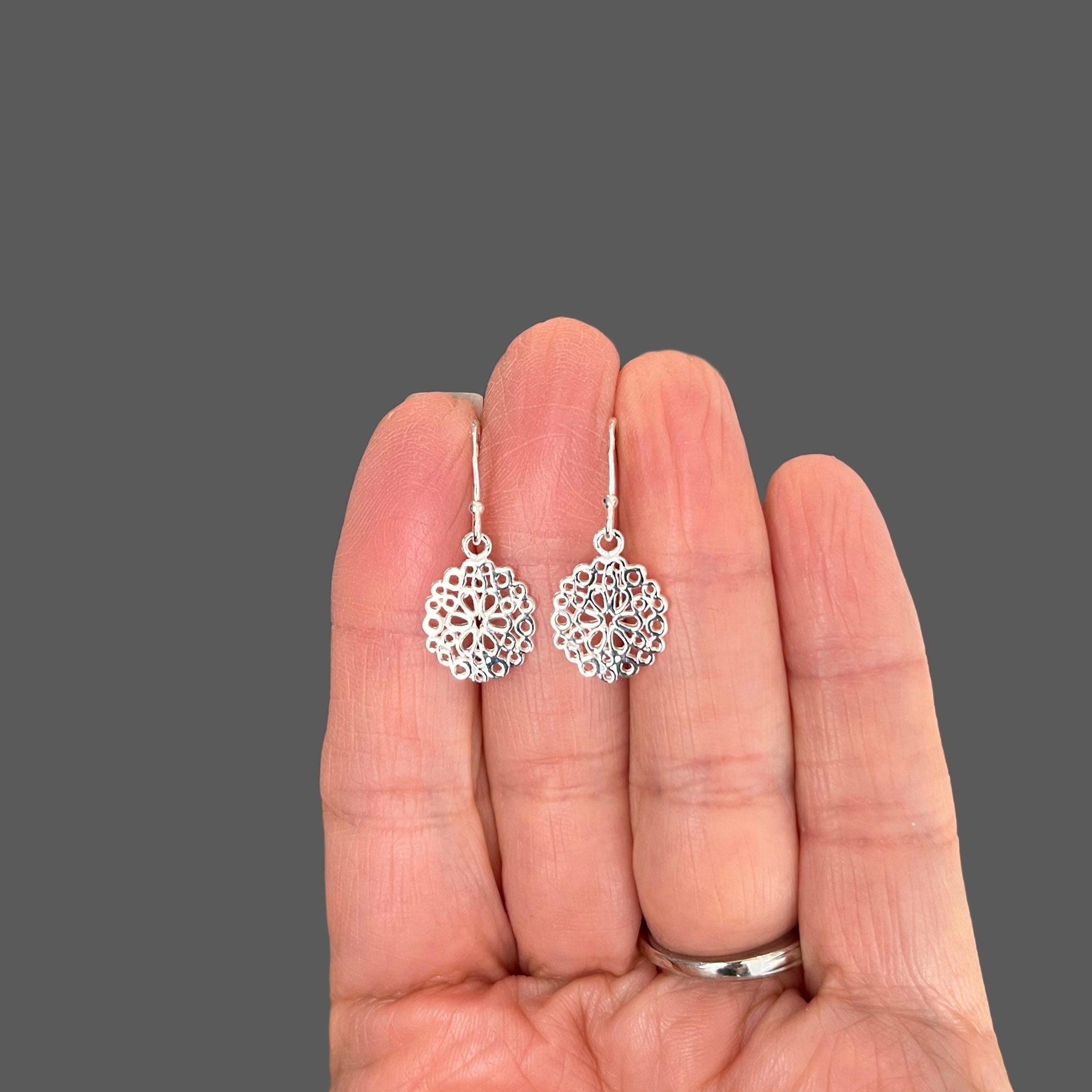 Sterling Silver Round Filigree Flower Charm Dangle Earrings