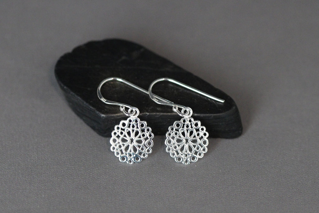 Sterling Silver Round Filigree Flower Charm Dangle Earrings