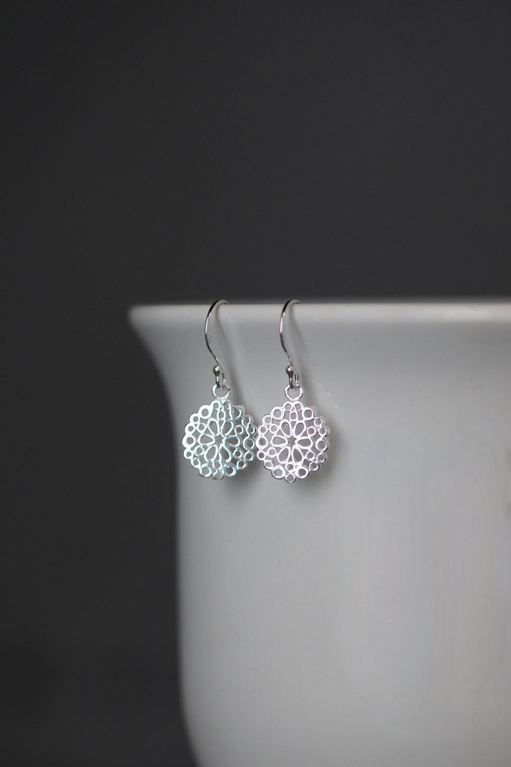 Sterling Silver Round Filigree Flower Charm Dangle Earrings