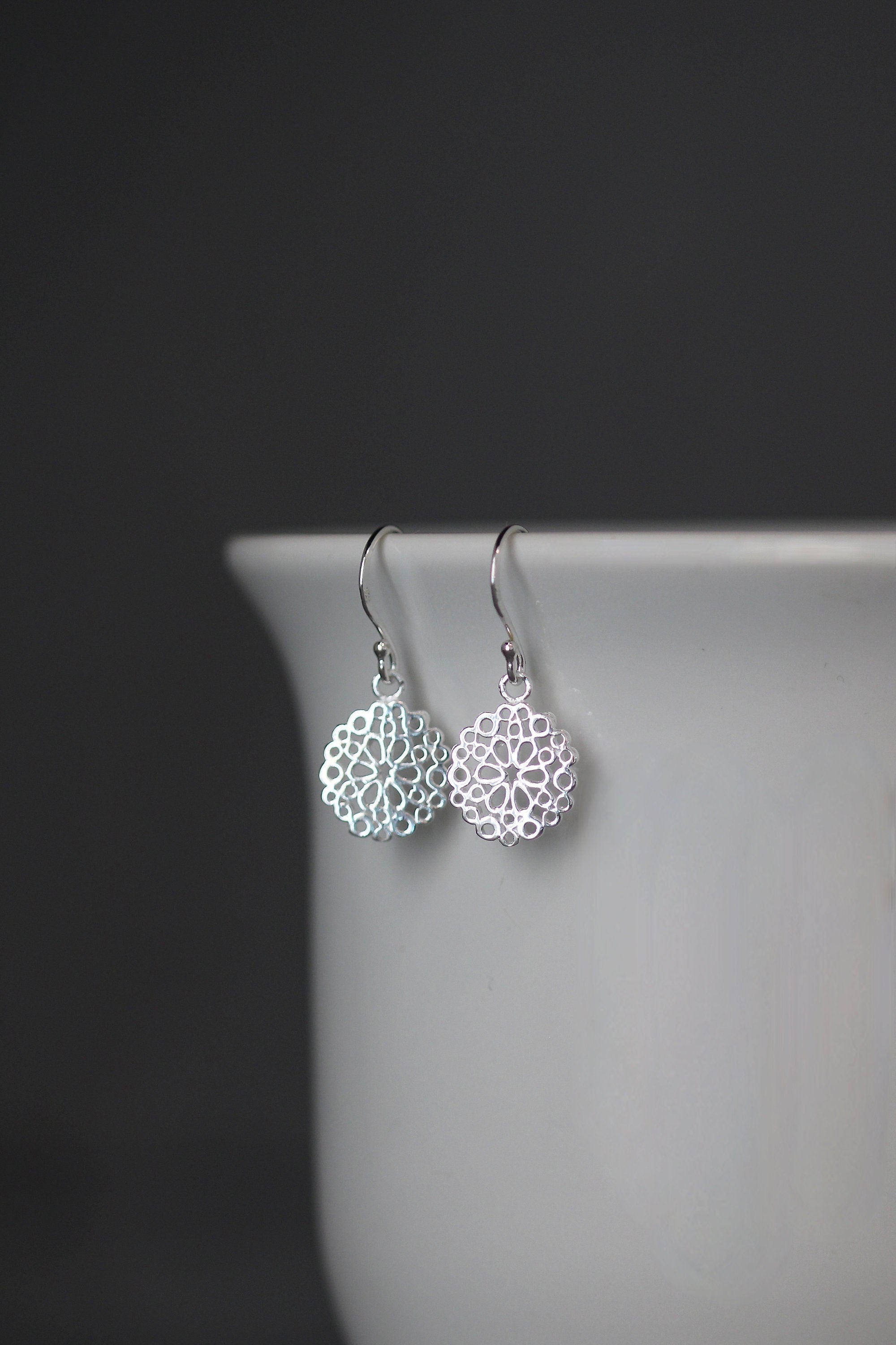 Sterling Silver Round Filigree Flower Charm Dangle Earrings