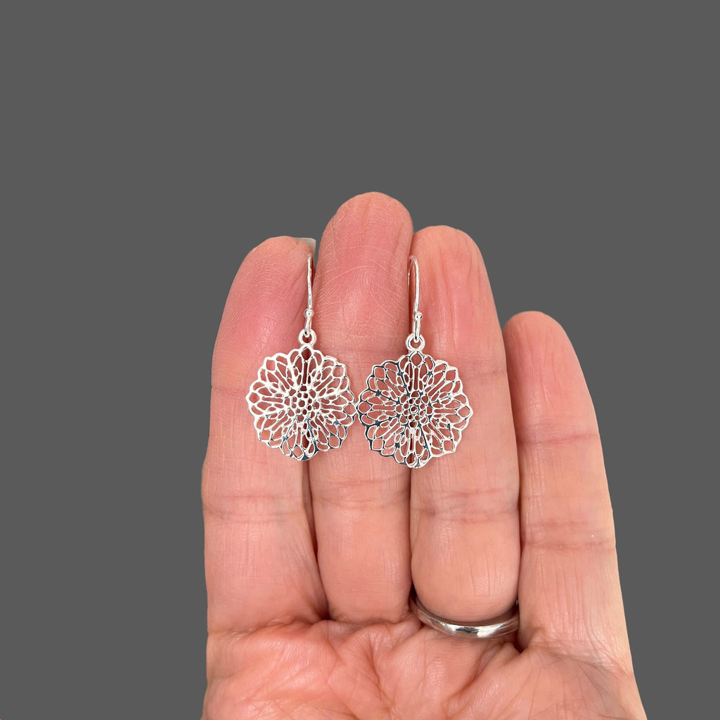 Silver Filigree Flower Charm Dangle Earrings