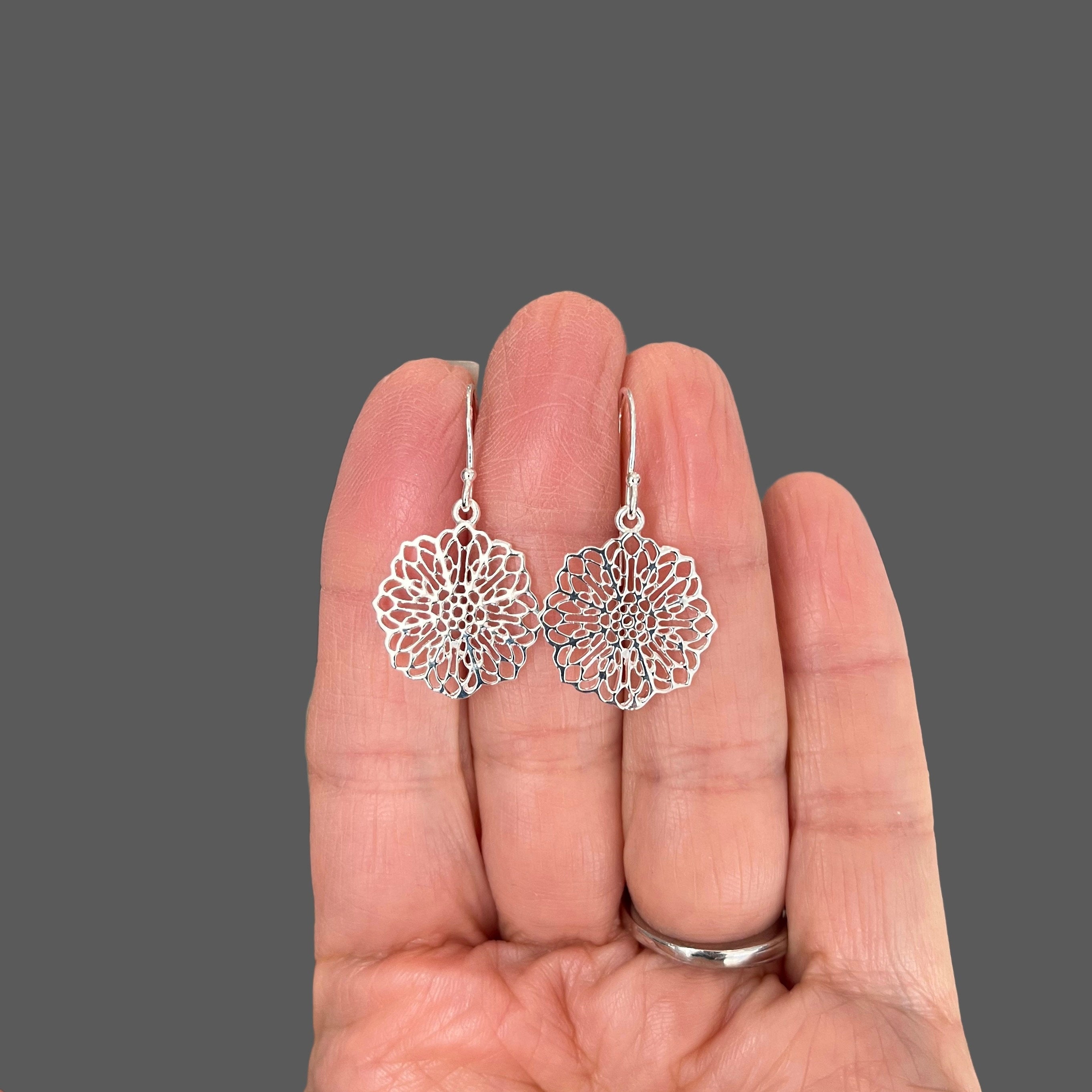 Silver Filigree Flower Charm Dangle Earrings