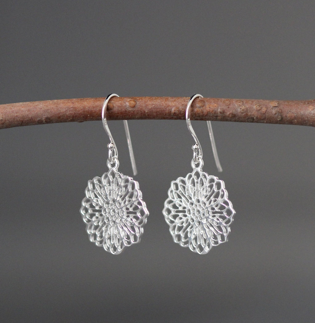 Silver Filigree Flower Charm Dangle Earrings