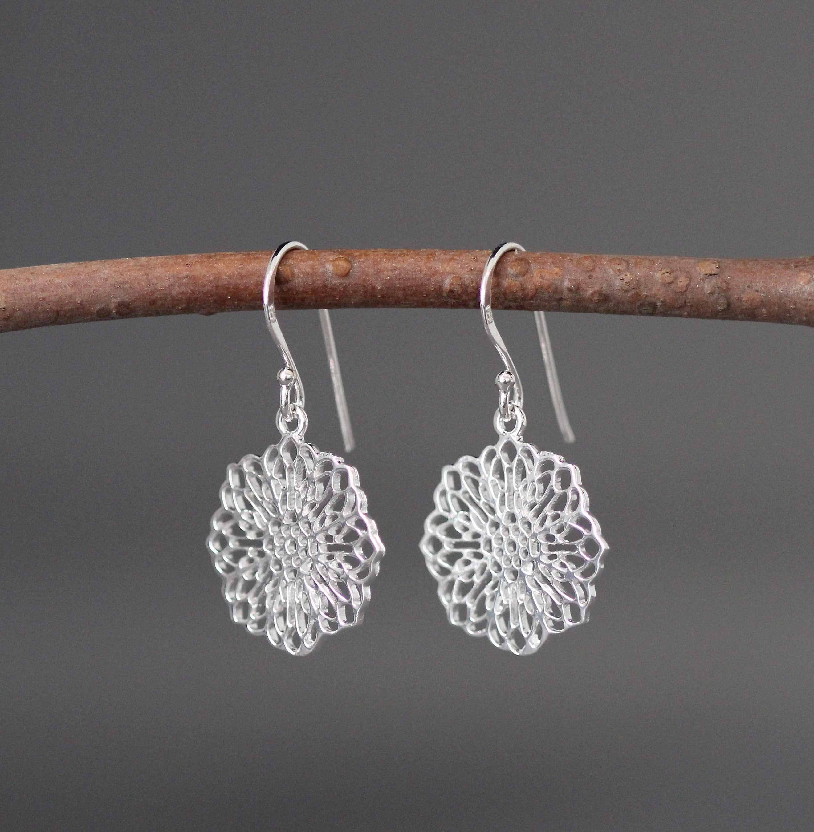 Silver Filigree Flower Charm Dangle Earrings