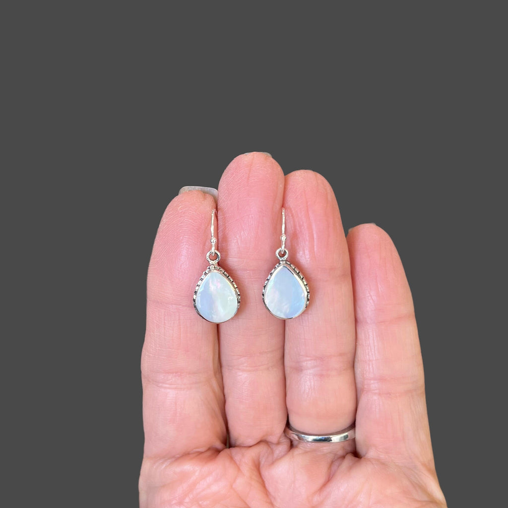Mother of Pearl Teardrop Earrings in Bali Sterling Silver Bezel Settings