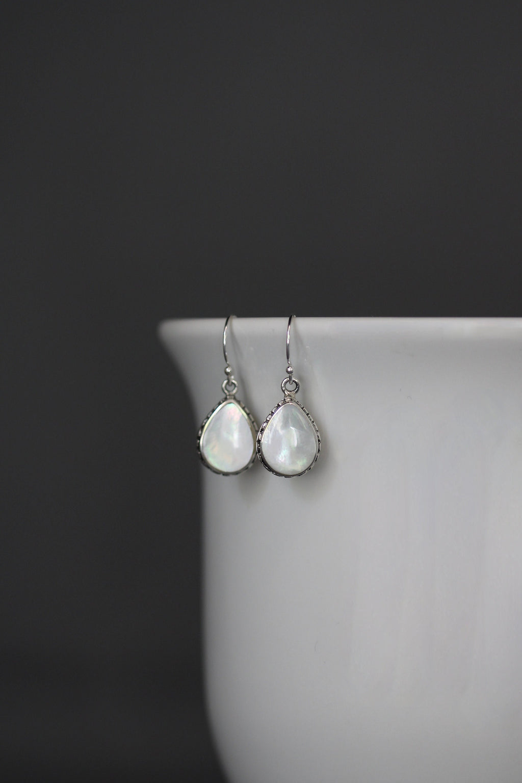 Mother of Pearl Teardrop Earrings in Bali Sterling Silver Bezel Settings