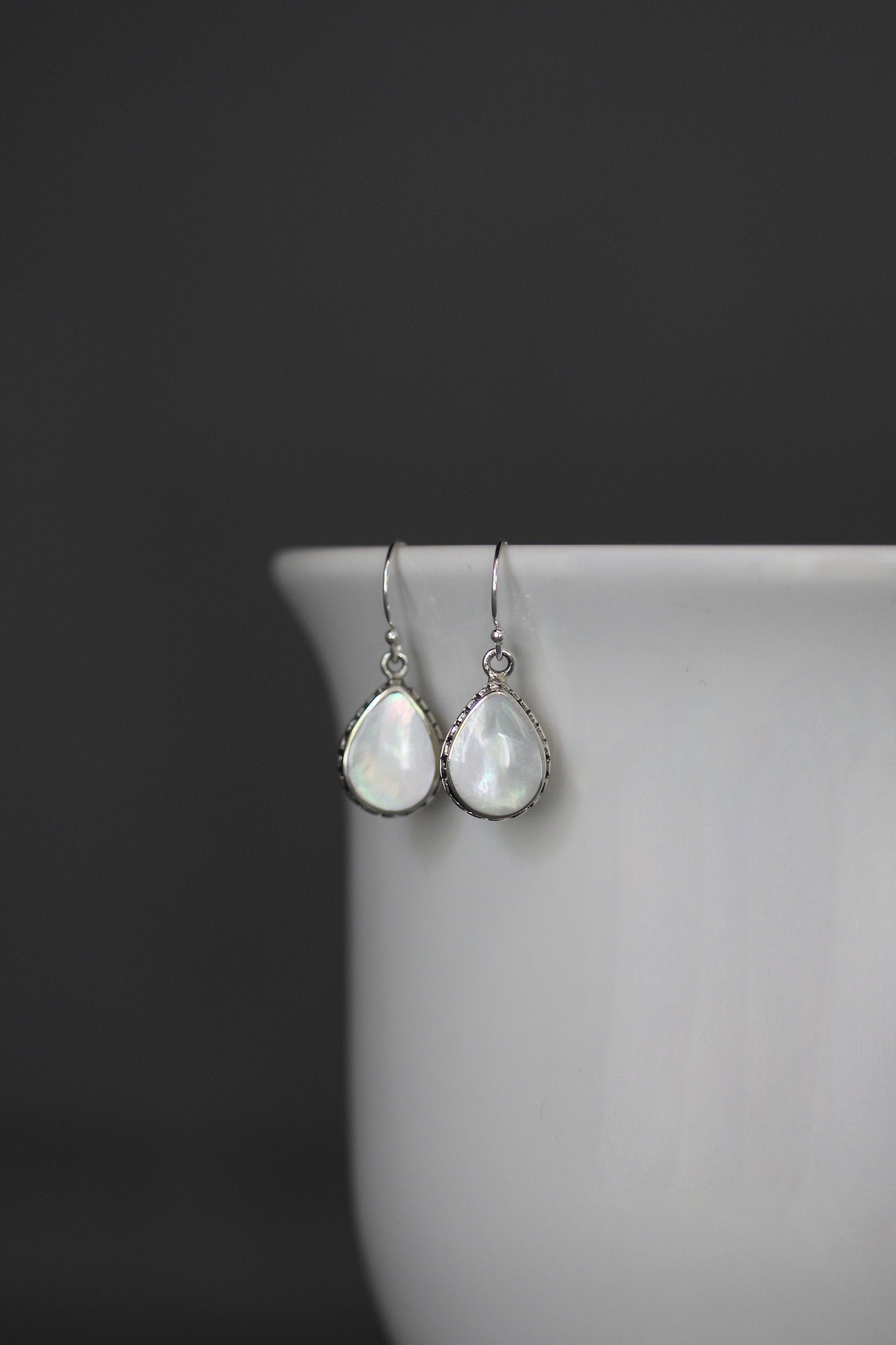 Mother of Pearl Teardrop Earrings in Bali Sterling Silver Bezel Settings