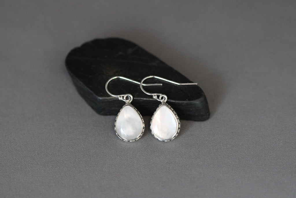 Mother of Pearl Teardrop Earrings in Bali Sterling Silver Bezel Settings