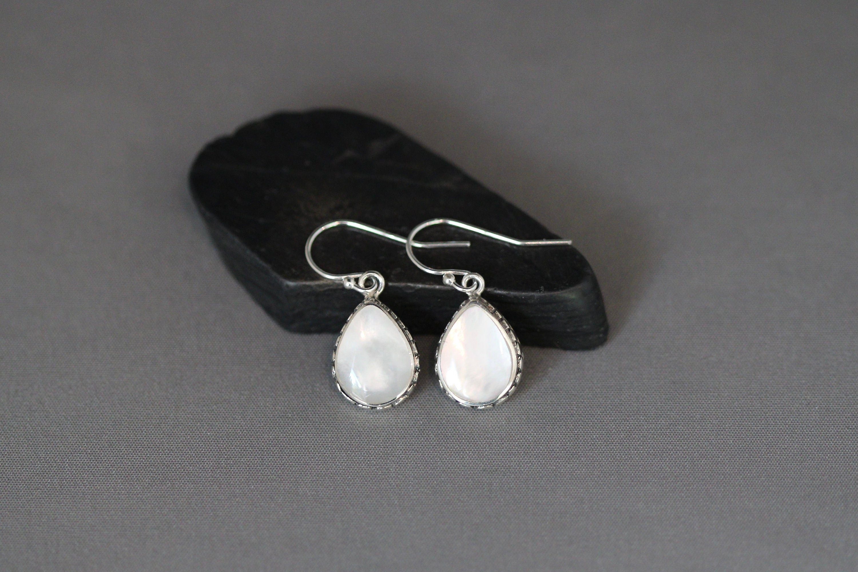 Mother of Pearl Teardrop Earrings in Bali Sterling Silver Bezel Settings