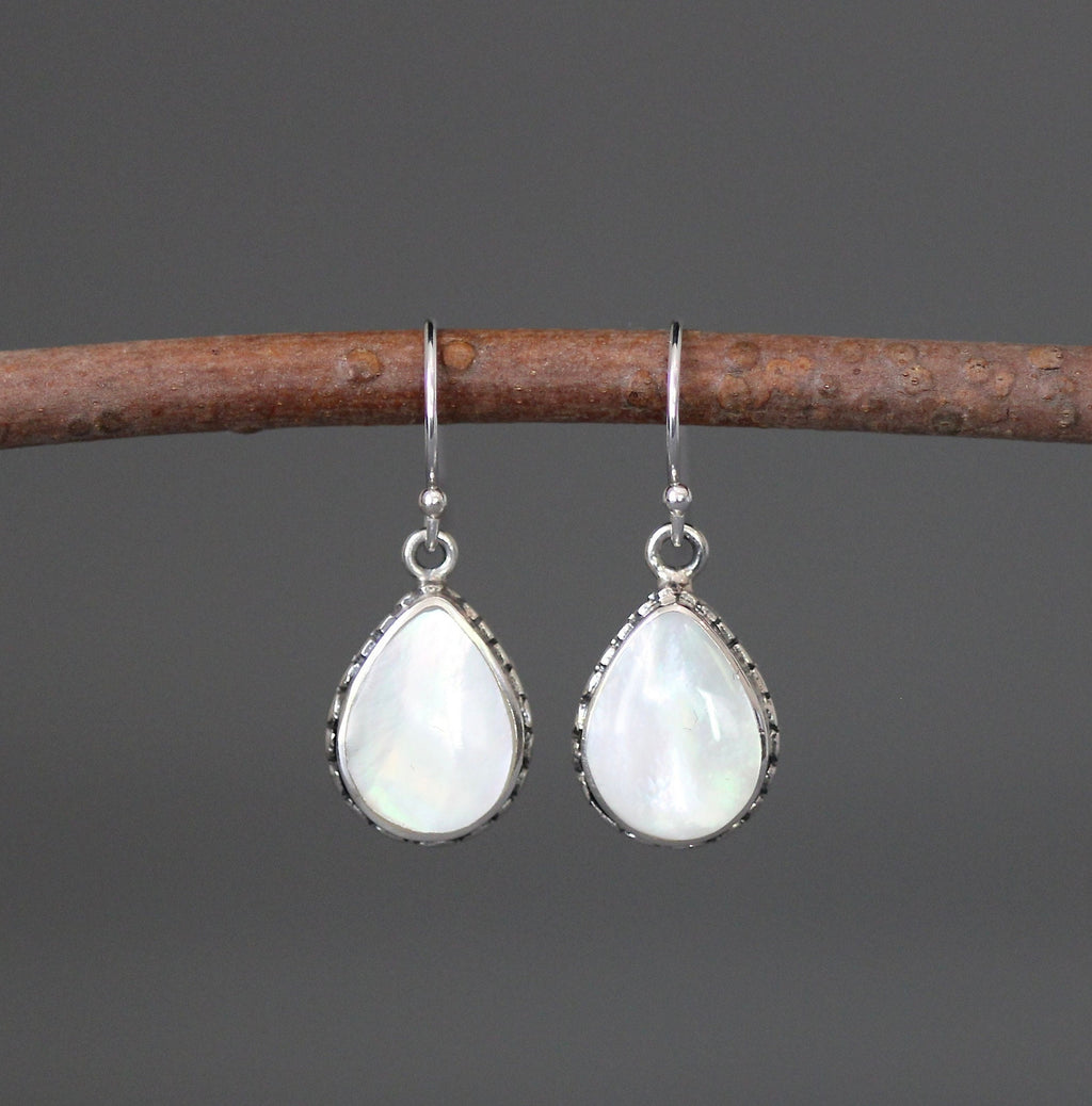 Mother of Pearl Teardrop Earrings in Bali Sterling Silver Bezel Settings