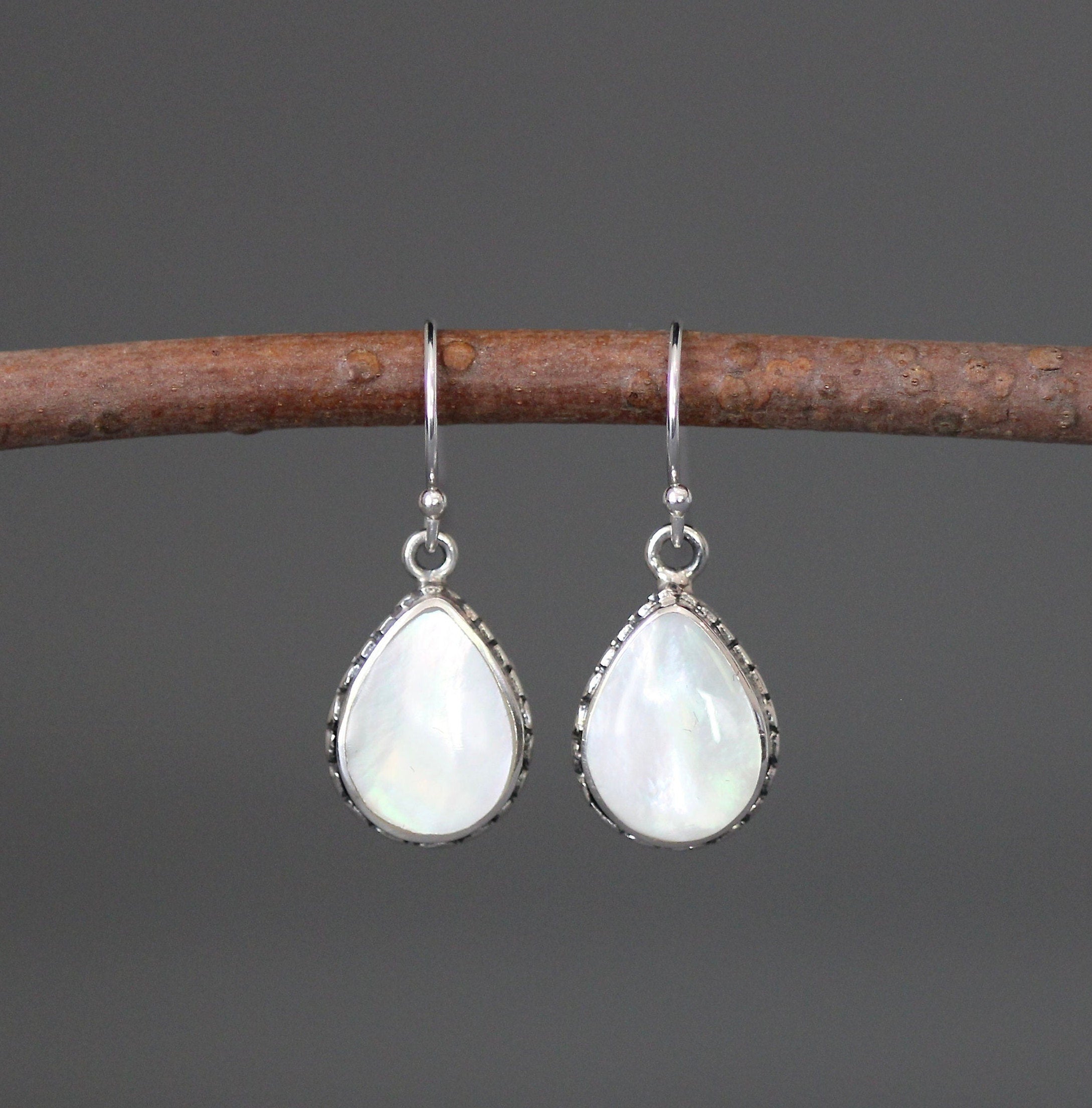 Mother of Pearl Teardrop Earrings in Bali Sterling Silver Bezel Settings