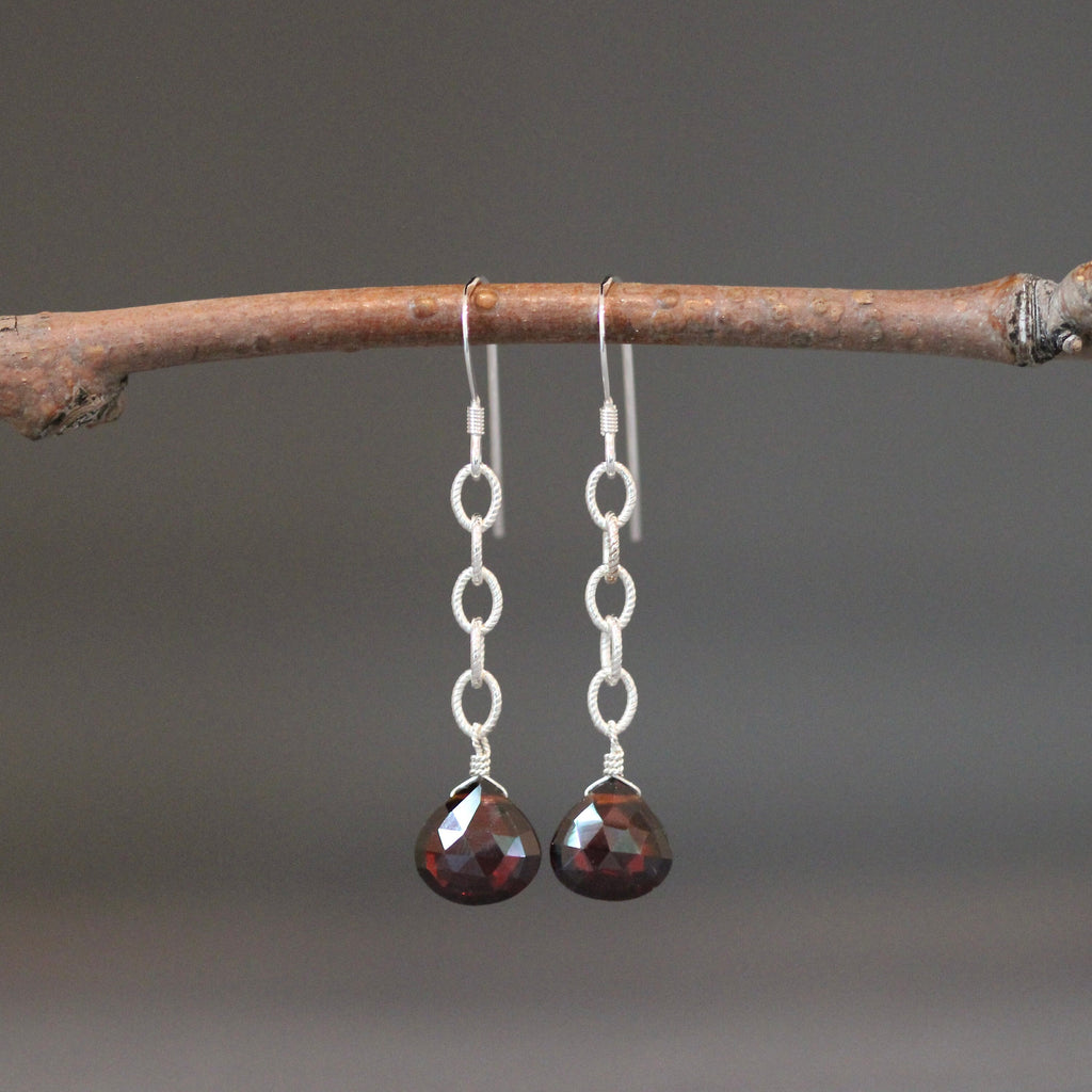 Red Garnet Quartz Teardrop Earrings on Sterling Silver Chain