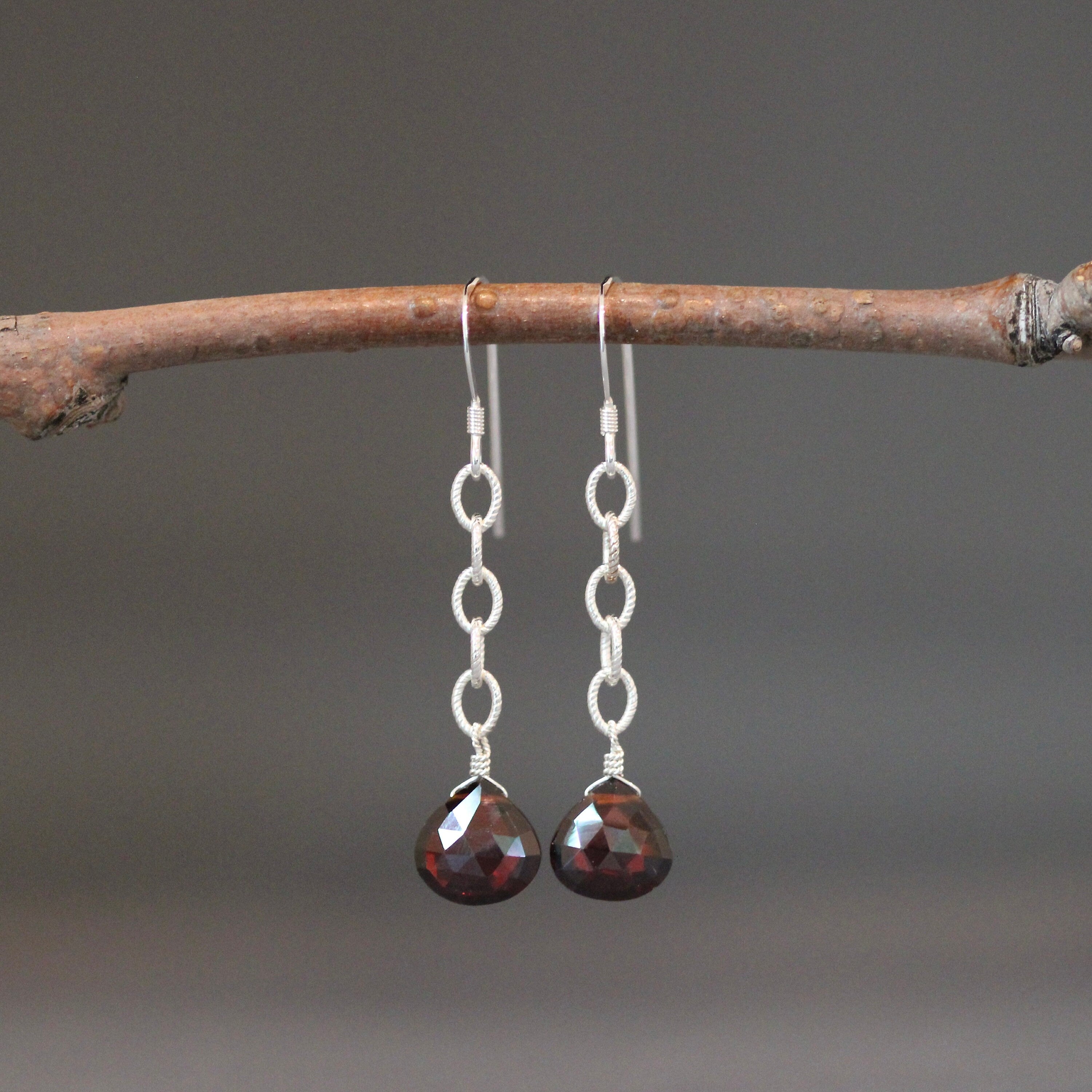 Red Garnet Quartz Teardrop Earrings on Sterling Silver Chain