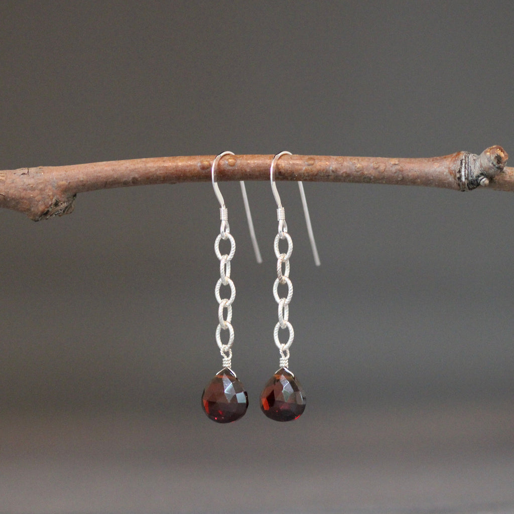 Red Garnet Quartz Teardrop Earrings on Sterling Silver Chain
