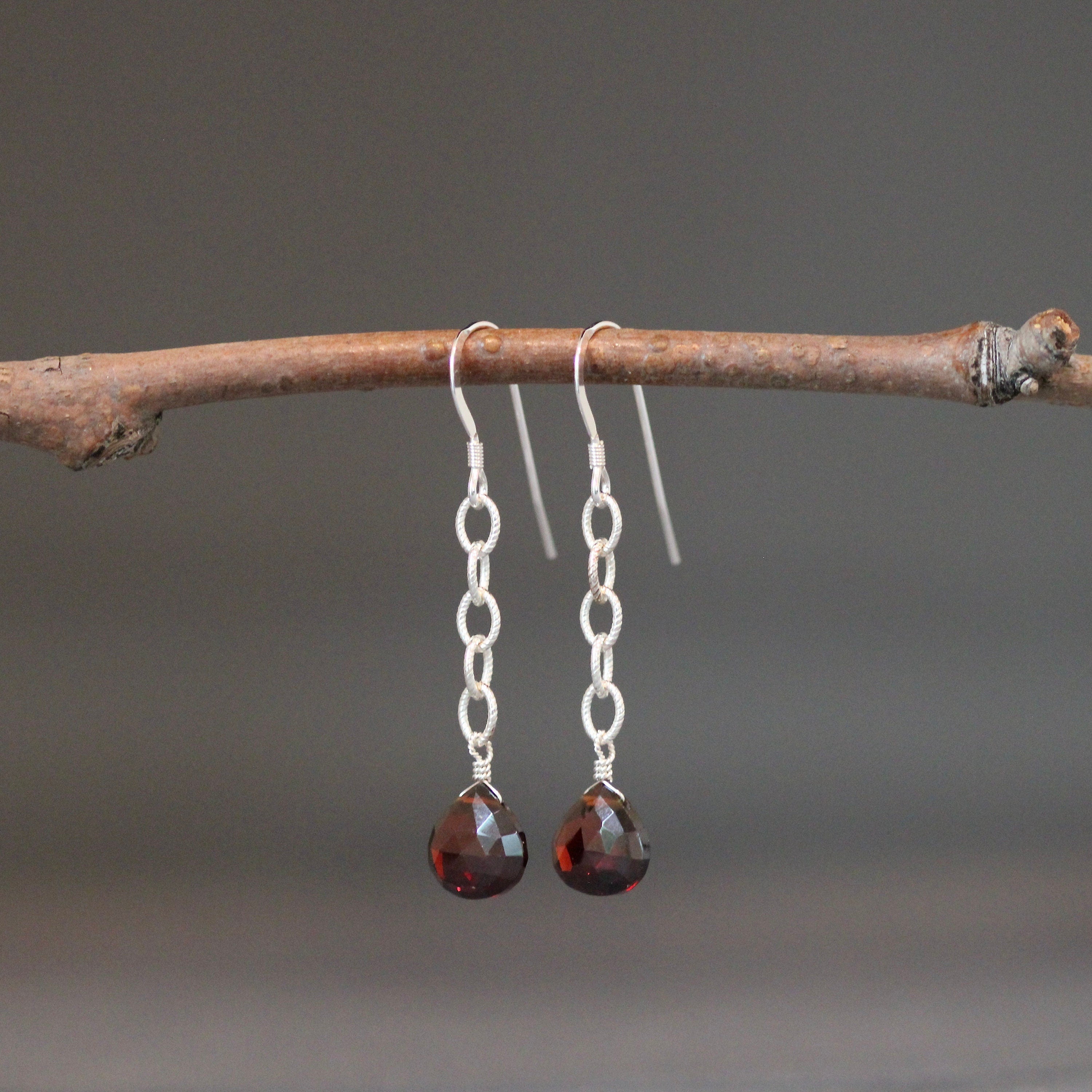 Red Garnet Quartz Teardrop Earrings on Sterling Silver Chain